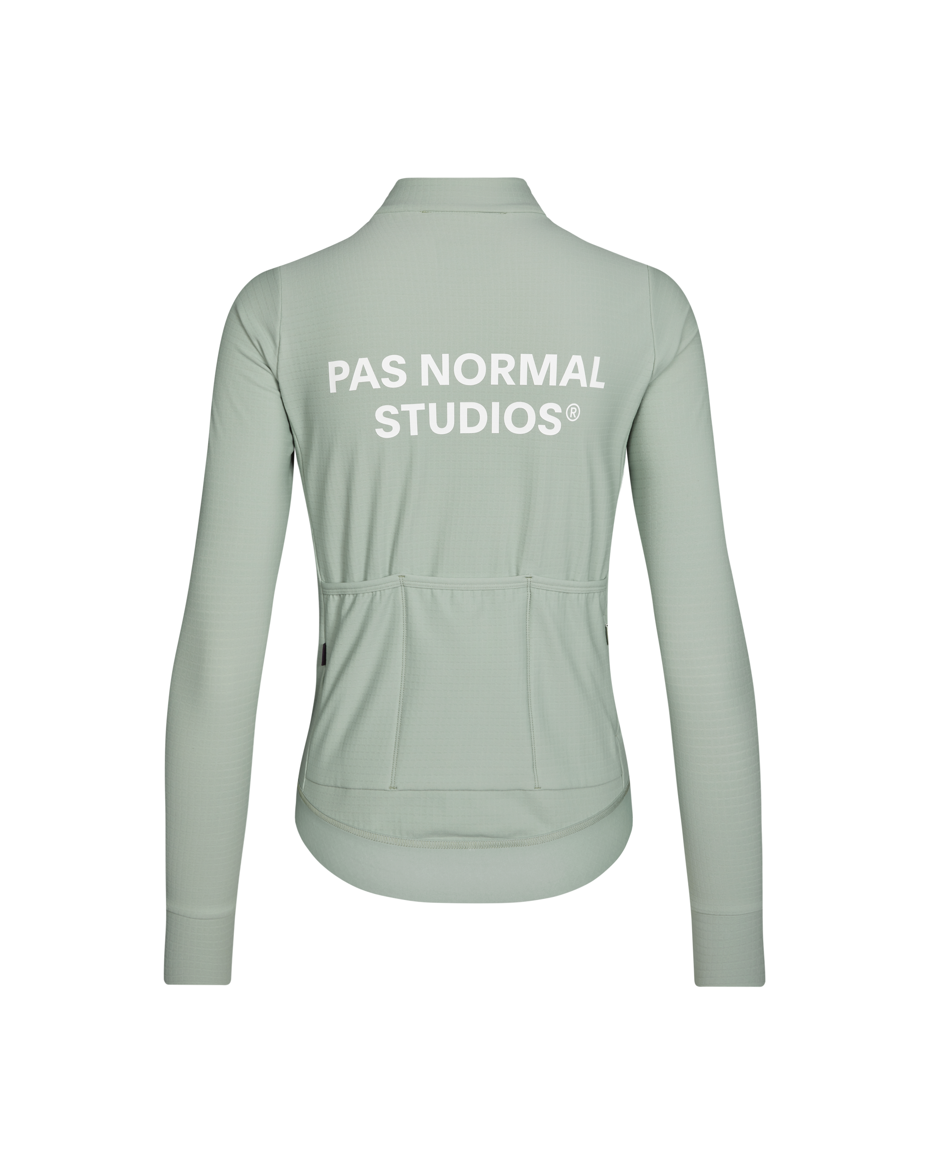 Green Essential long sleeve cycling jersey, rear flat lay with white back print
