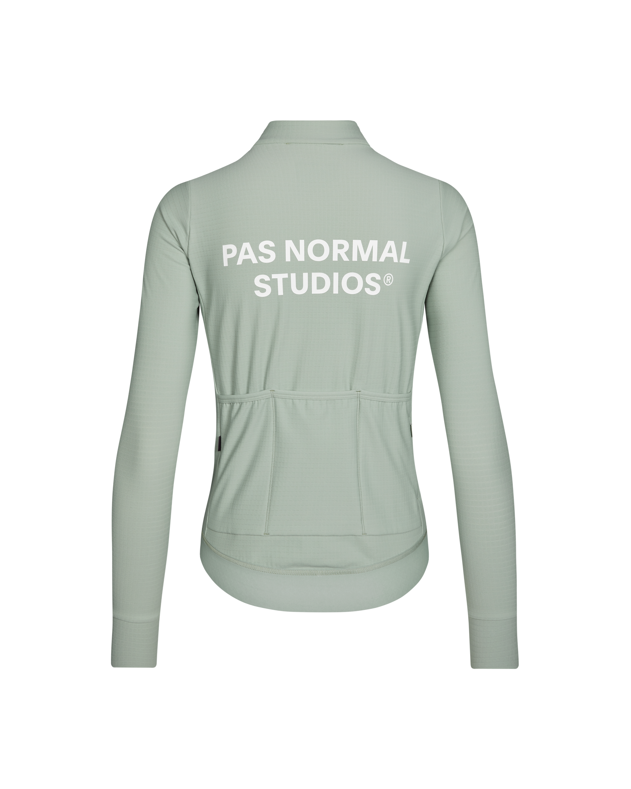 Green Essential long sleeve cycling jersey, rear flat lay with white back print