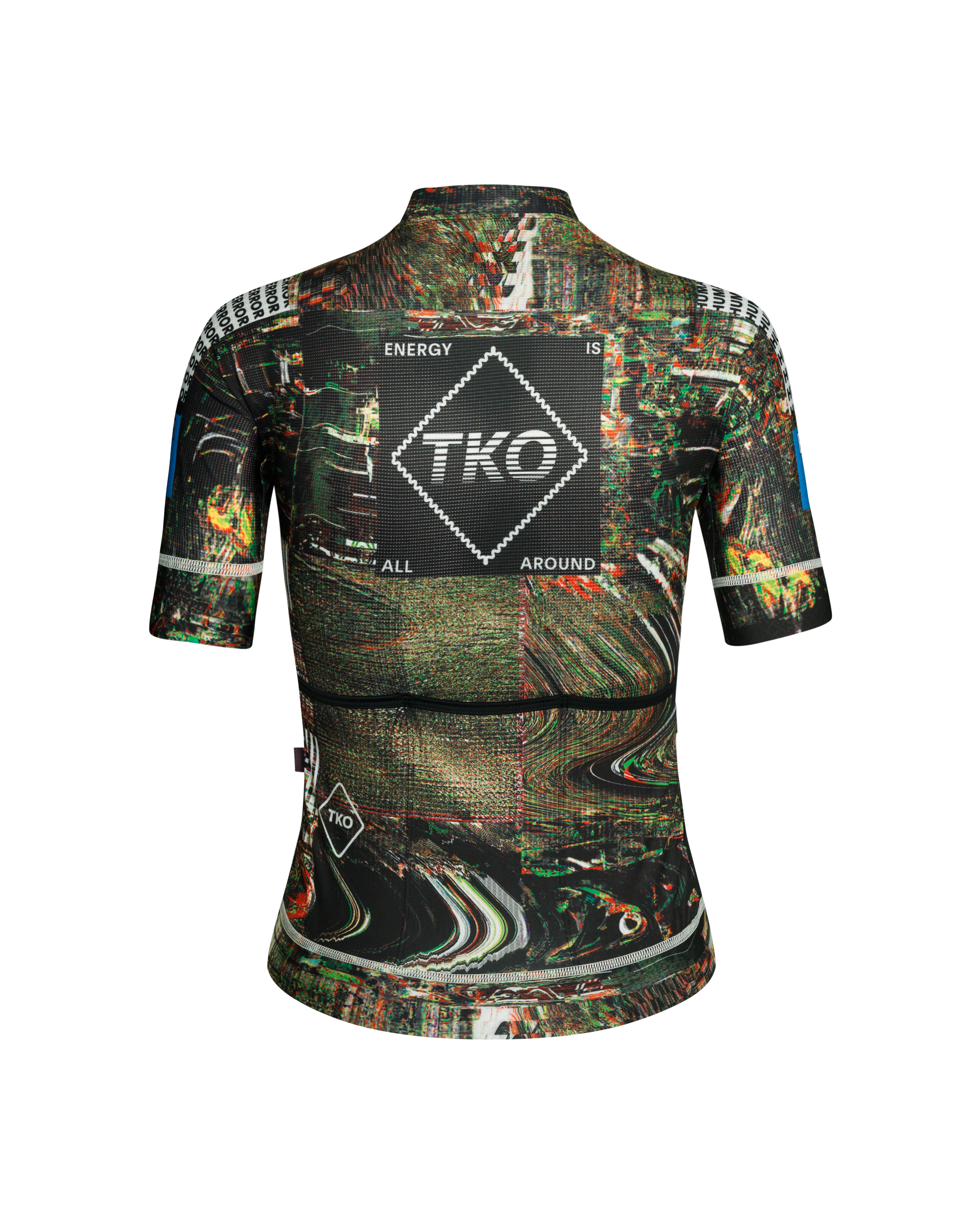 Human Error Green T.K.O. Mechanism women's cycling jersey, rear flat lay with glitch-print AOP and diamond TKO back graphic