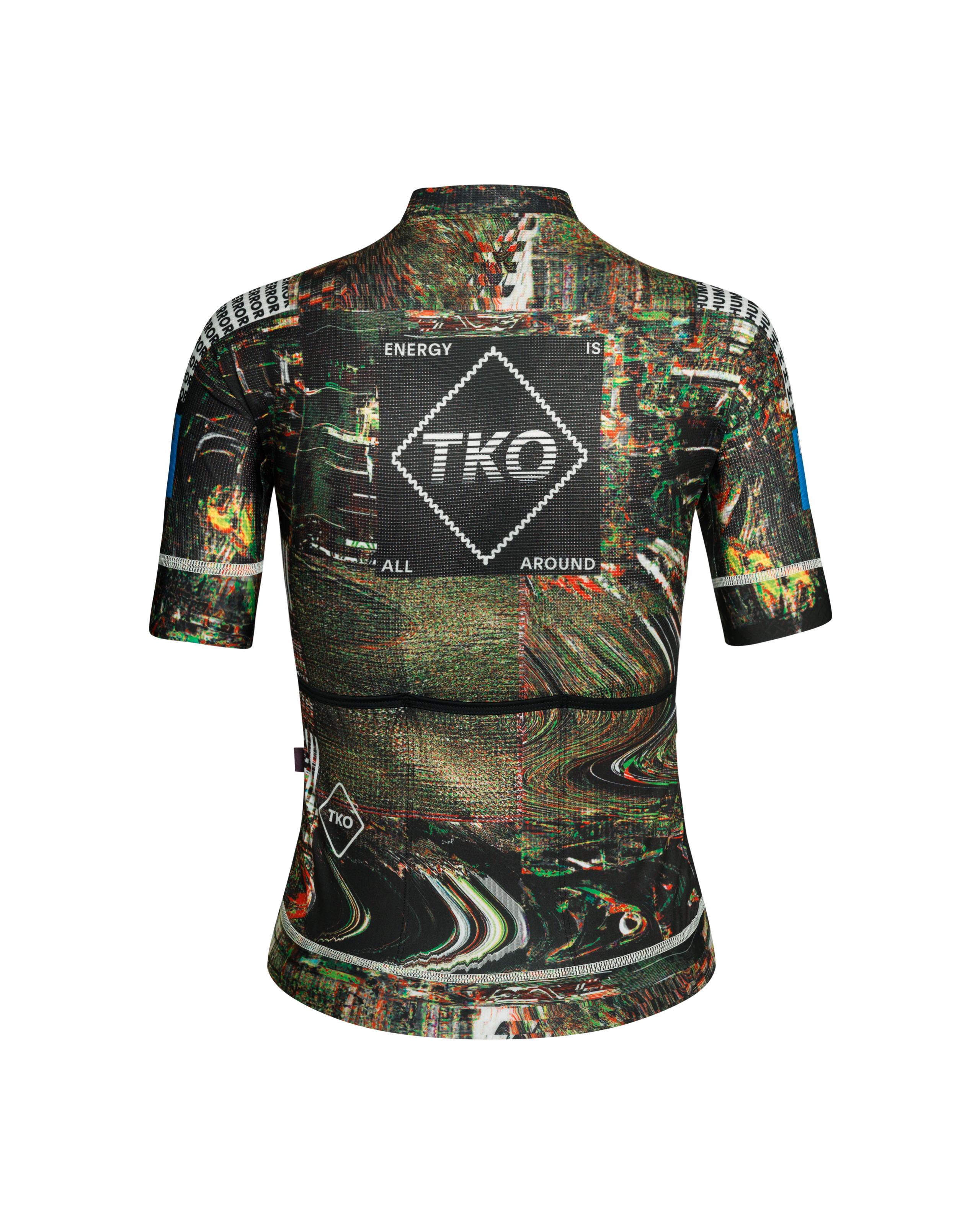 Human Error Green T.K.O. Mechanism women's cycling jersey, rear flat lay with glitch-print AOP and diamond TKO back graphic