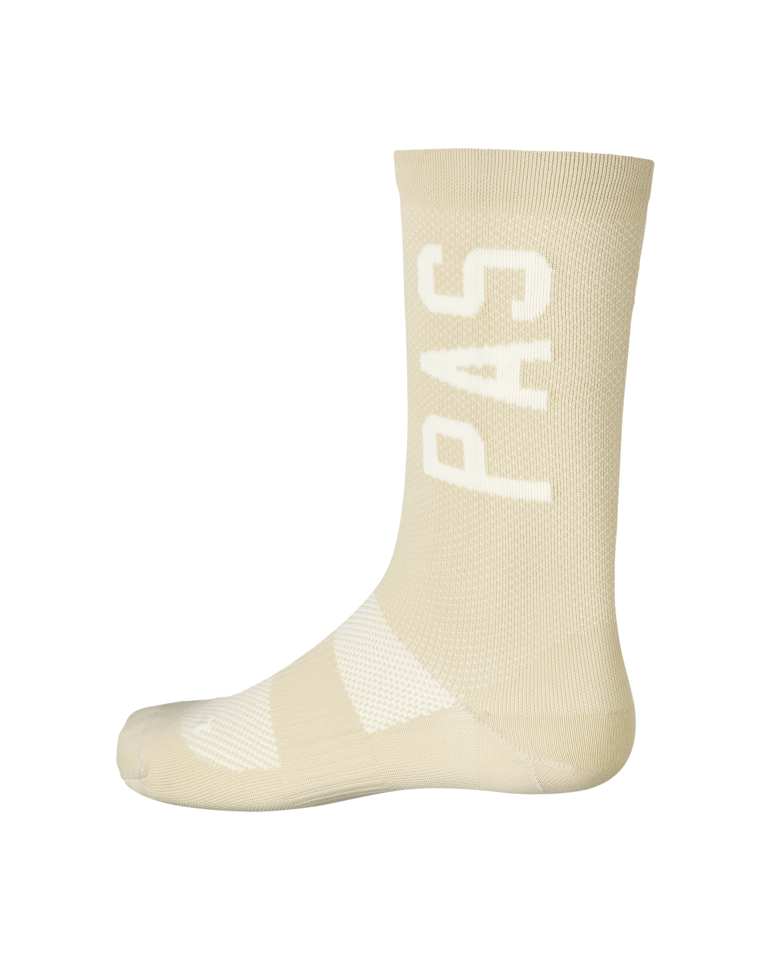 Cream PAS cycling socks, side view with white logo print