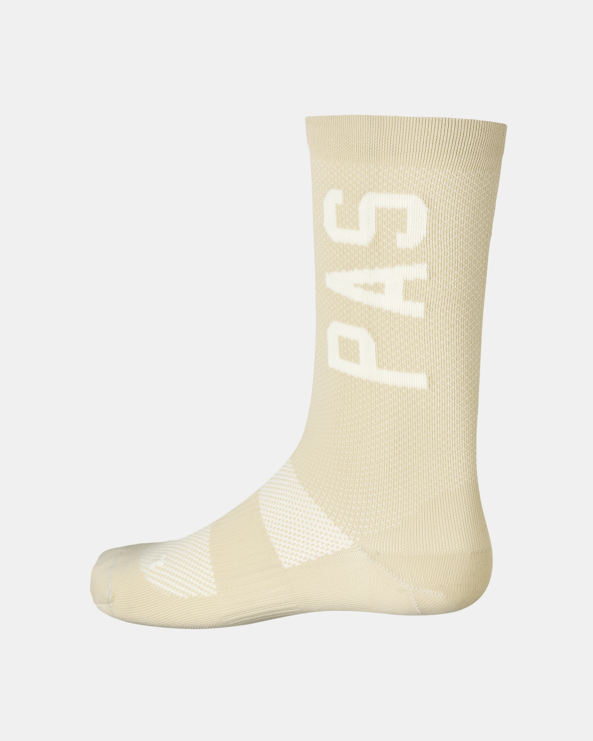 Cream PAS cycling socks, side view with white logo print
