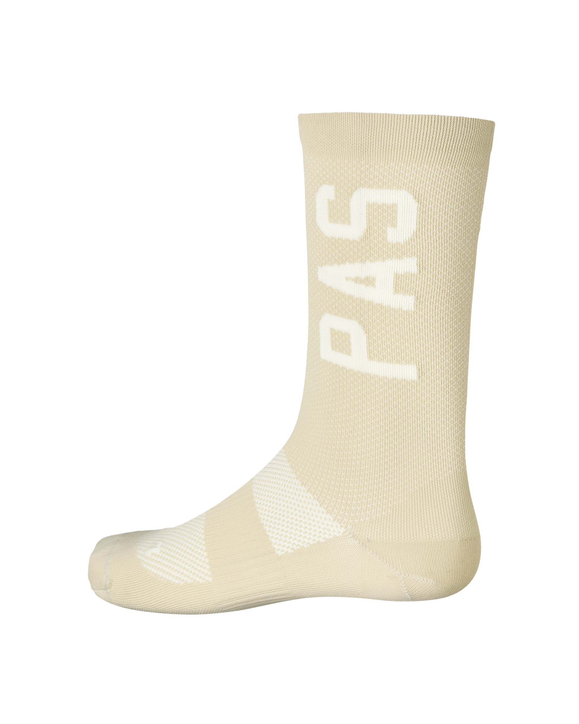 Cream PAS cycling socks, side view with white logo print