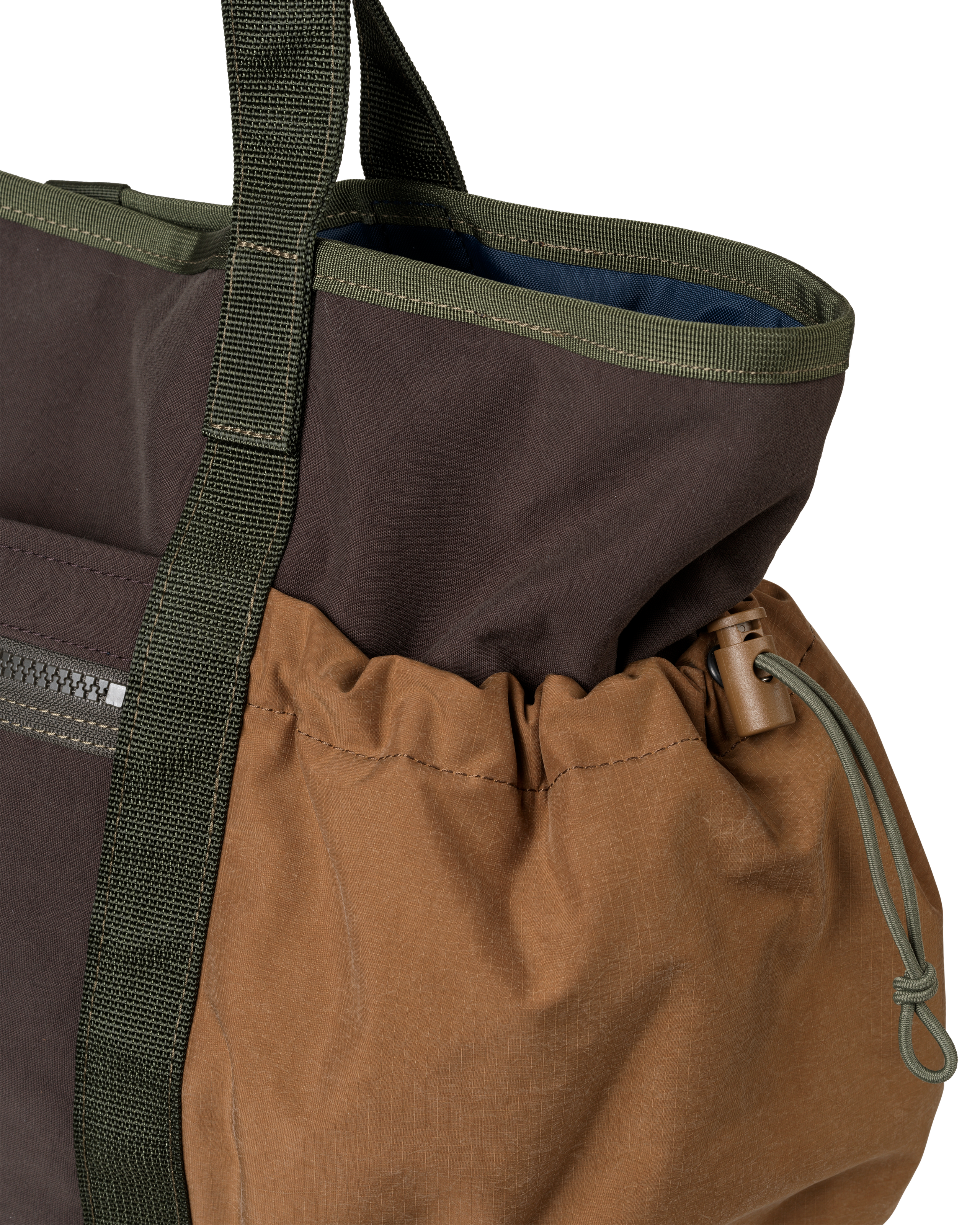 Light Brown Porter-Yoshida tote bag, detail view of drawstring pocket with olive webbing straps and blue interior lining