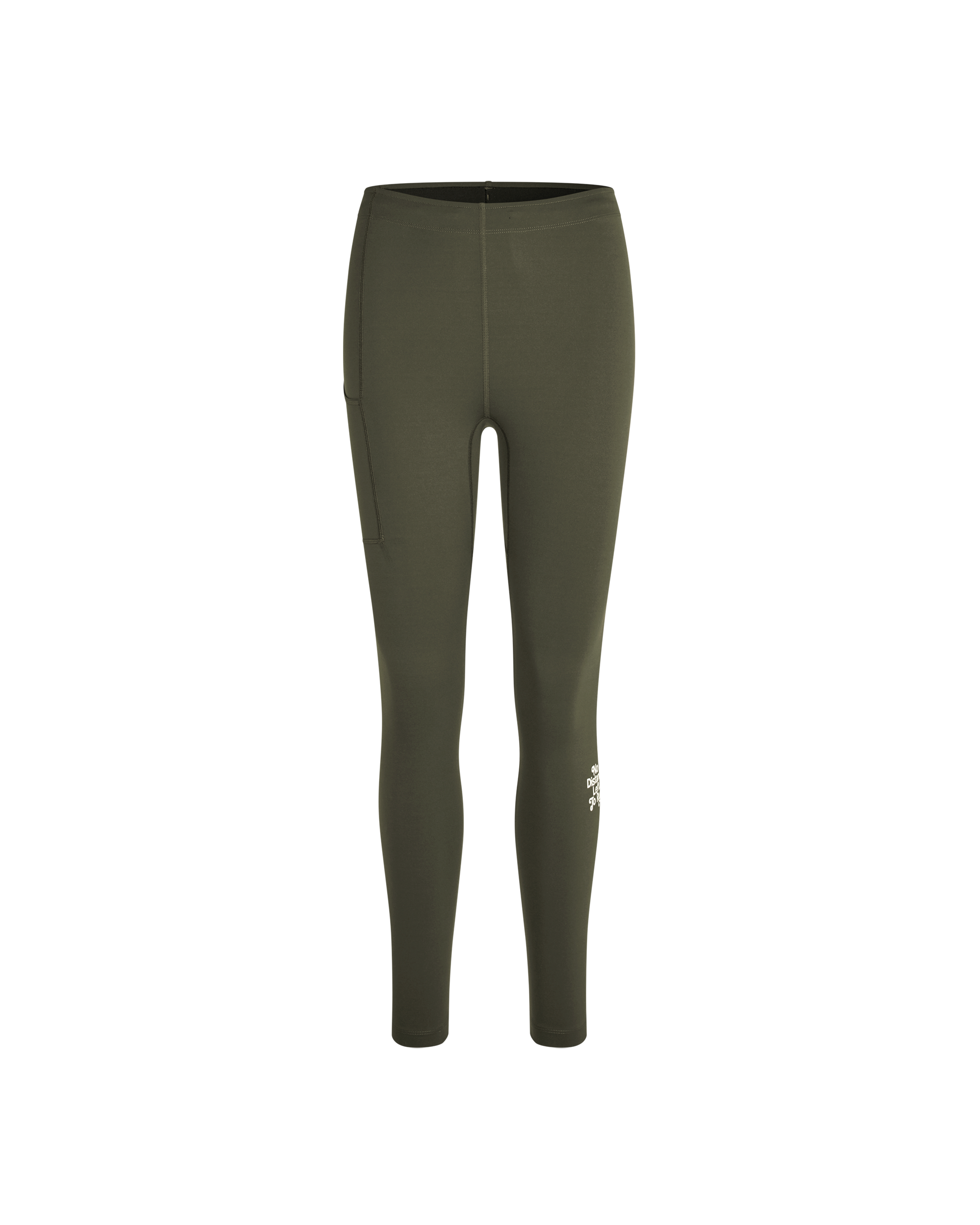 Dark Olive Balance long tights, front flat lay with white ankle logo
