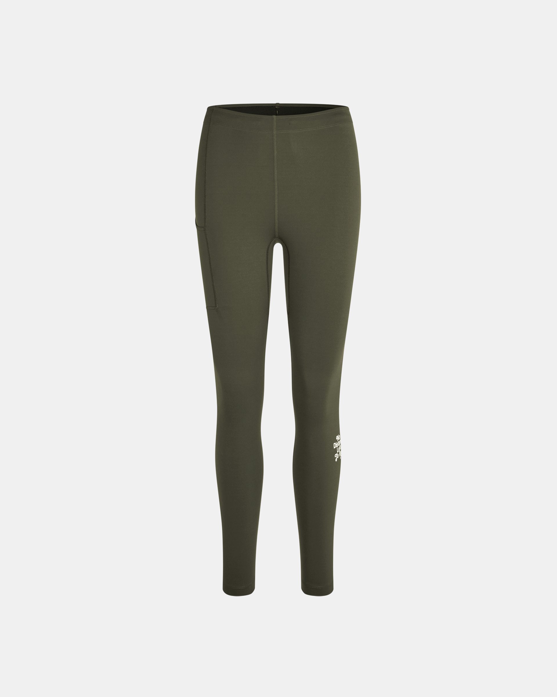 Dark Olive Balance long tights, front flat lay with white ankle logo
