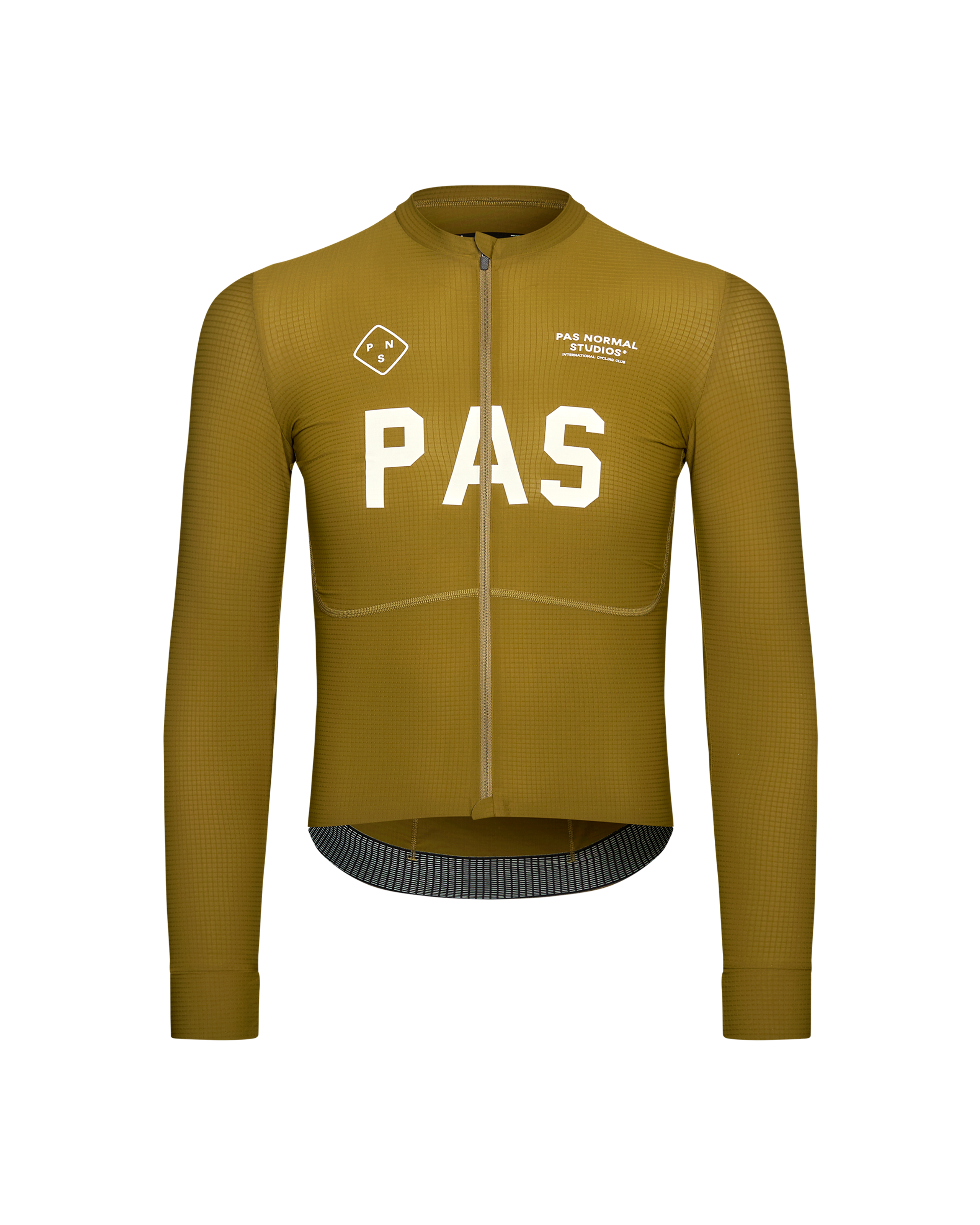 Khaki Green PAS Mechanism Pro long sleeve cycling jersey, front view with white chest logo