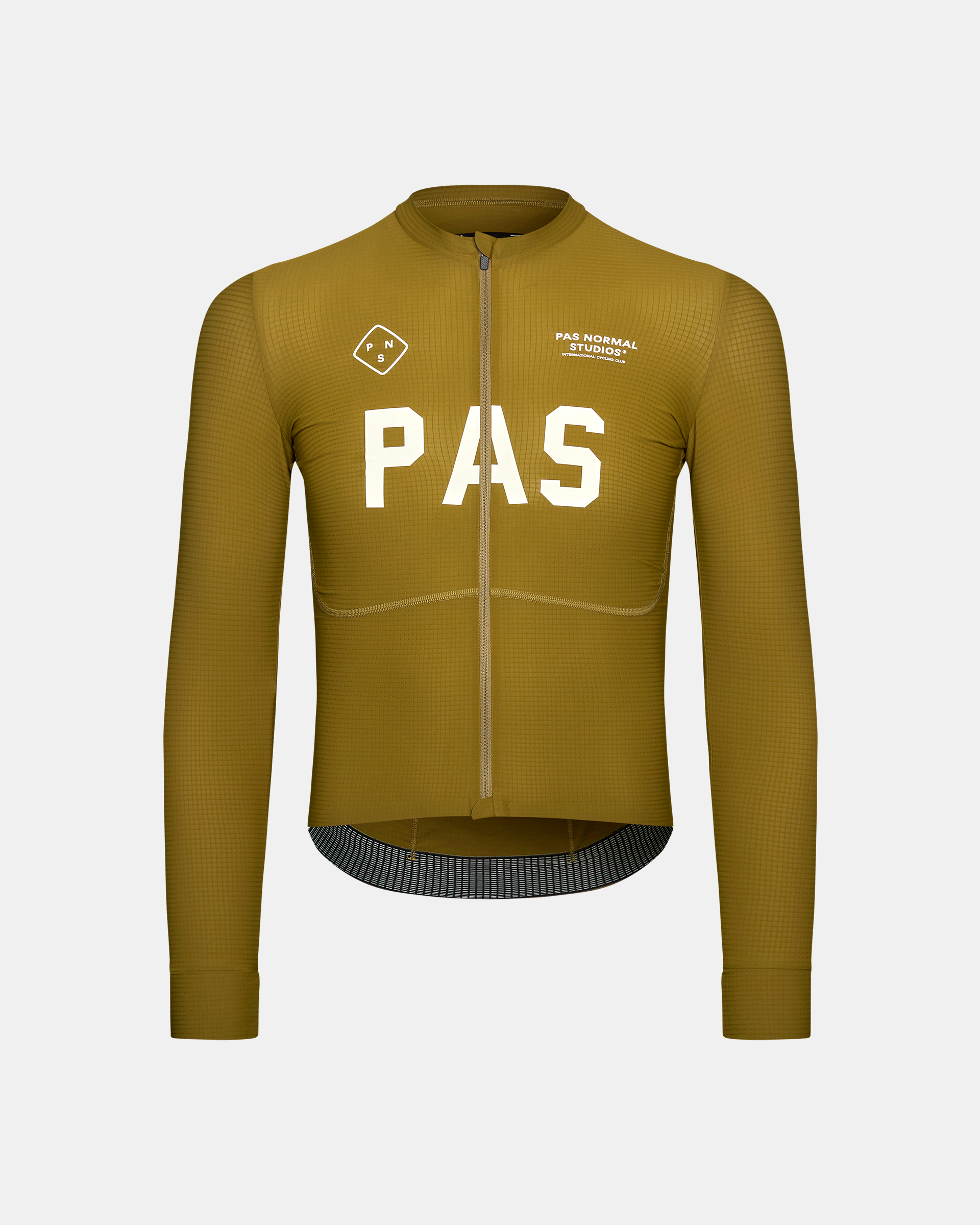 Khaki Green PAS Mechanism Pro long sleeve cycling jersey, front view with white chest logo