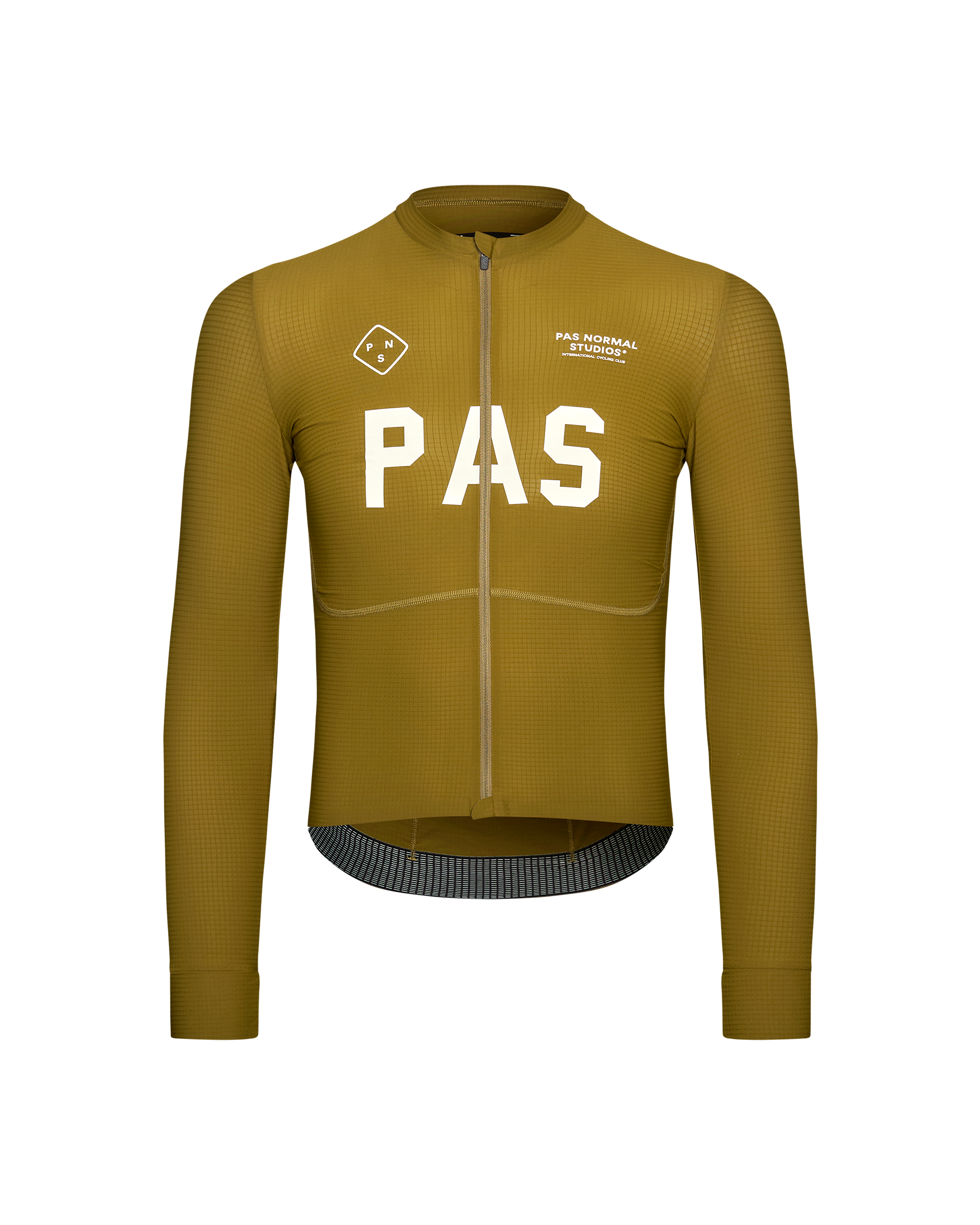 Khaki Green PAS Mechanism Pro long sleeve cycling jersey, front view with white chest logo