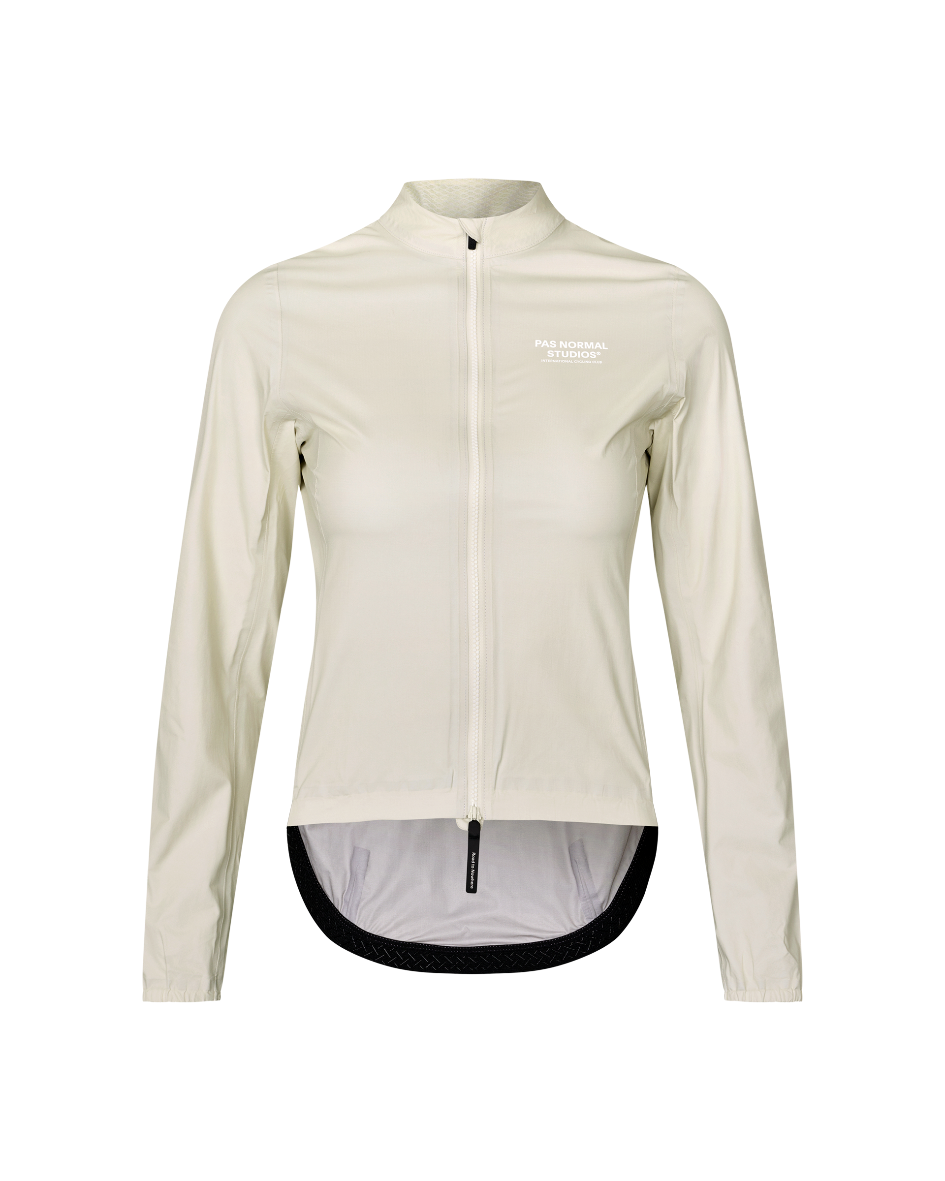 Off White Mechanism women's cycling rain jacket, front flat lay with full zip and black hem trim