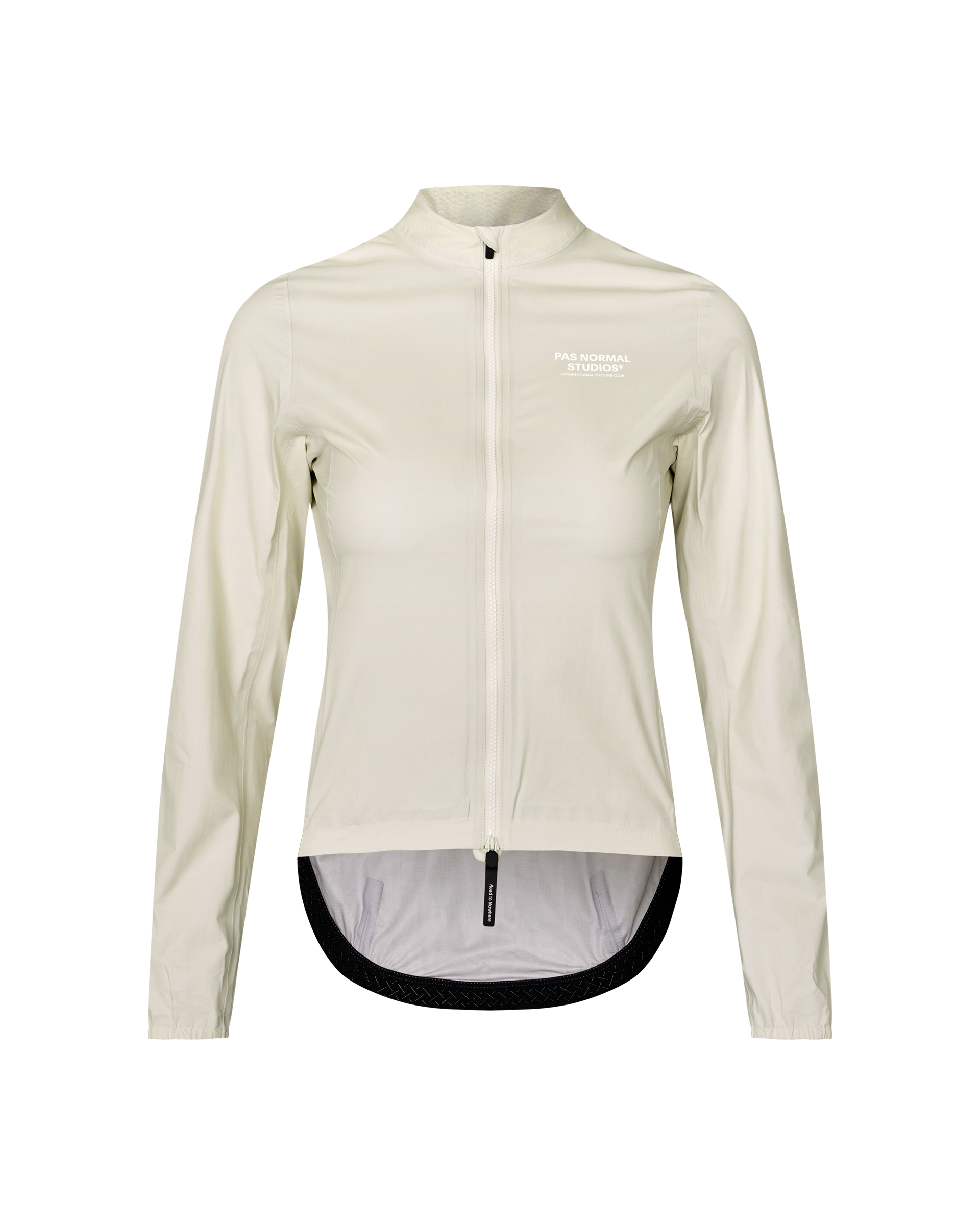 Off White Mechanism women's cycling rain jacket, front flat lay with full zip and black hem trim