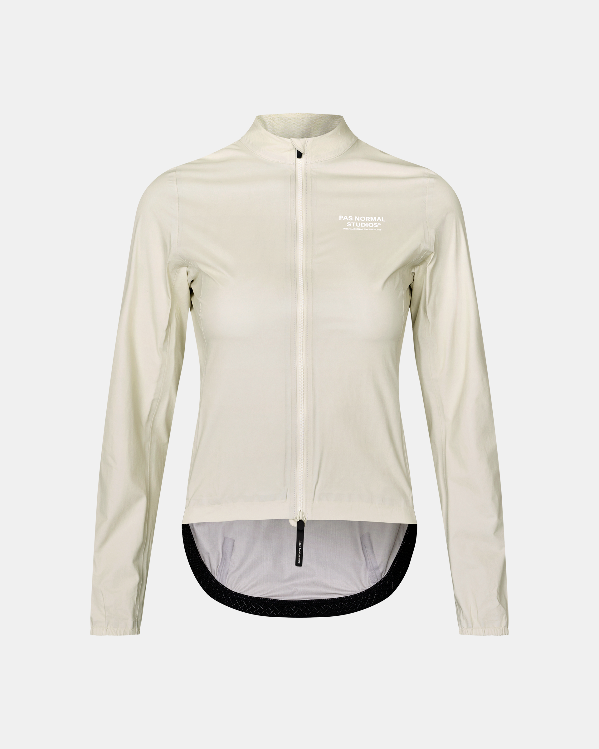 Off White Mechanism women's cycling rain jacket, front flat lay with full zip and black hem trim