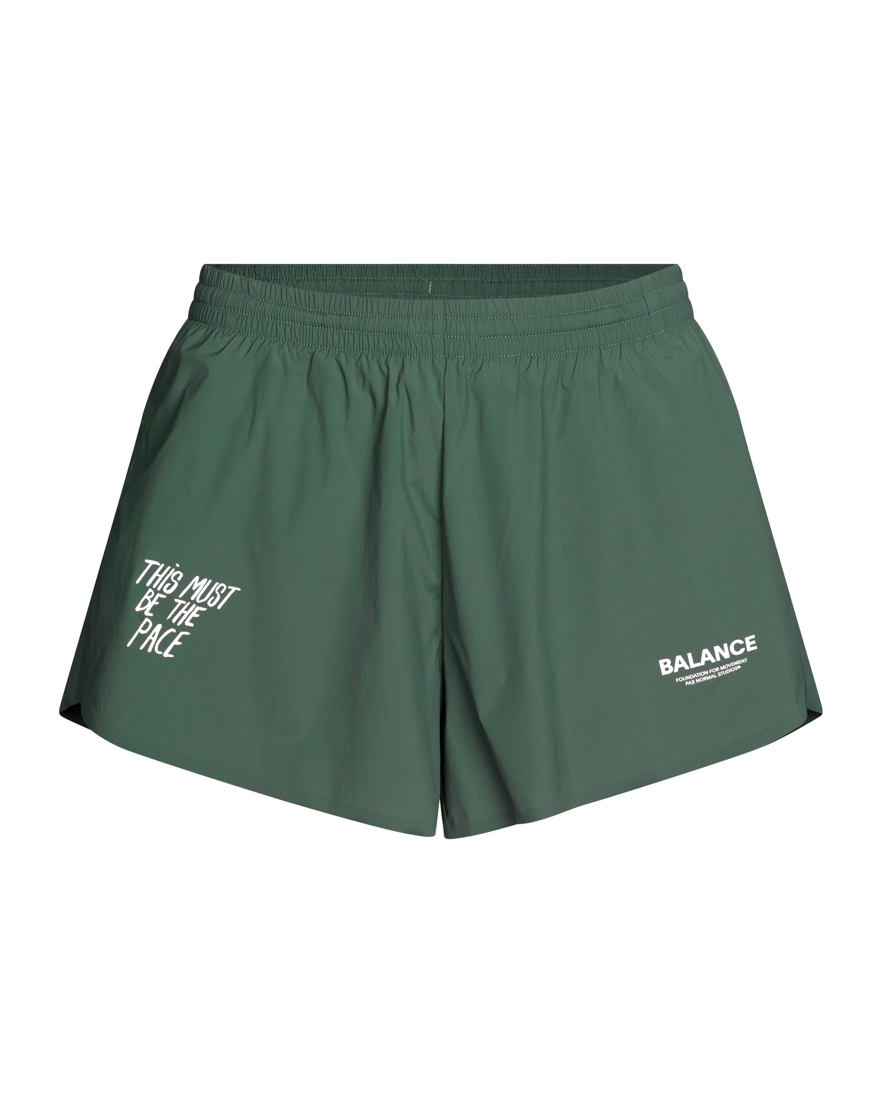 Forest Green Balance shorts, front flat lay with white slogan and logo prints