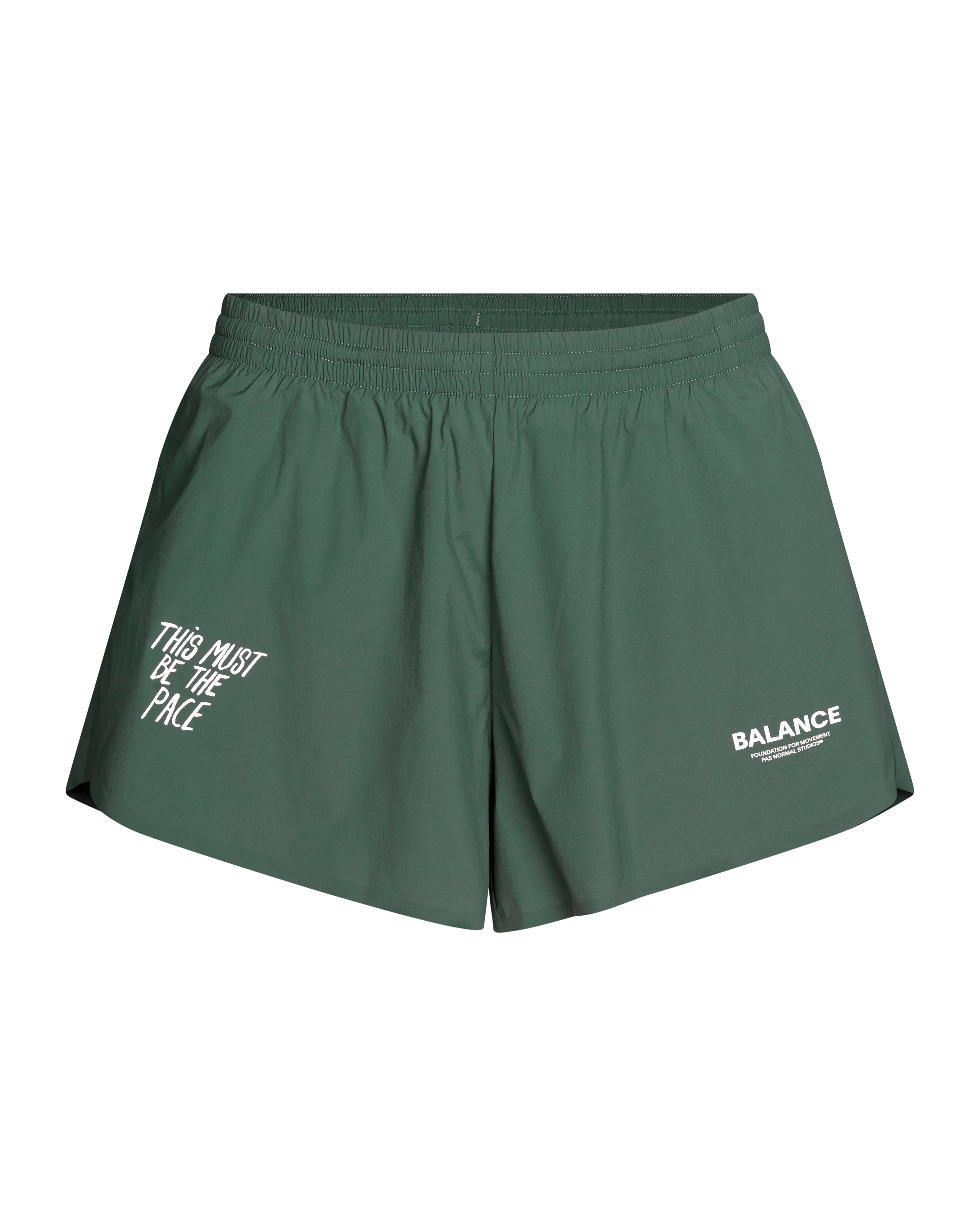 Forest Green Balance shorts, front flat lay with white slogan and logo prints