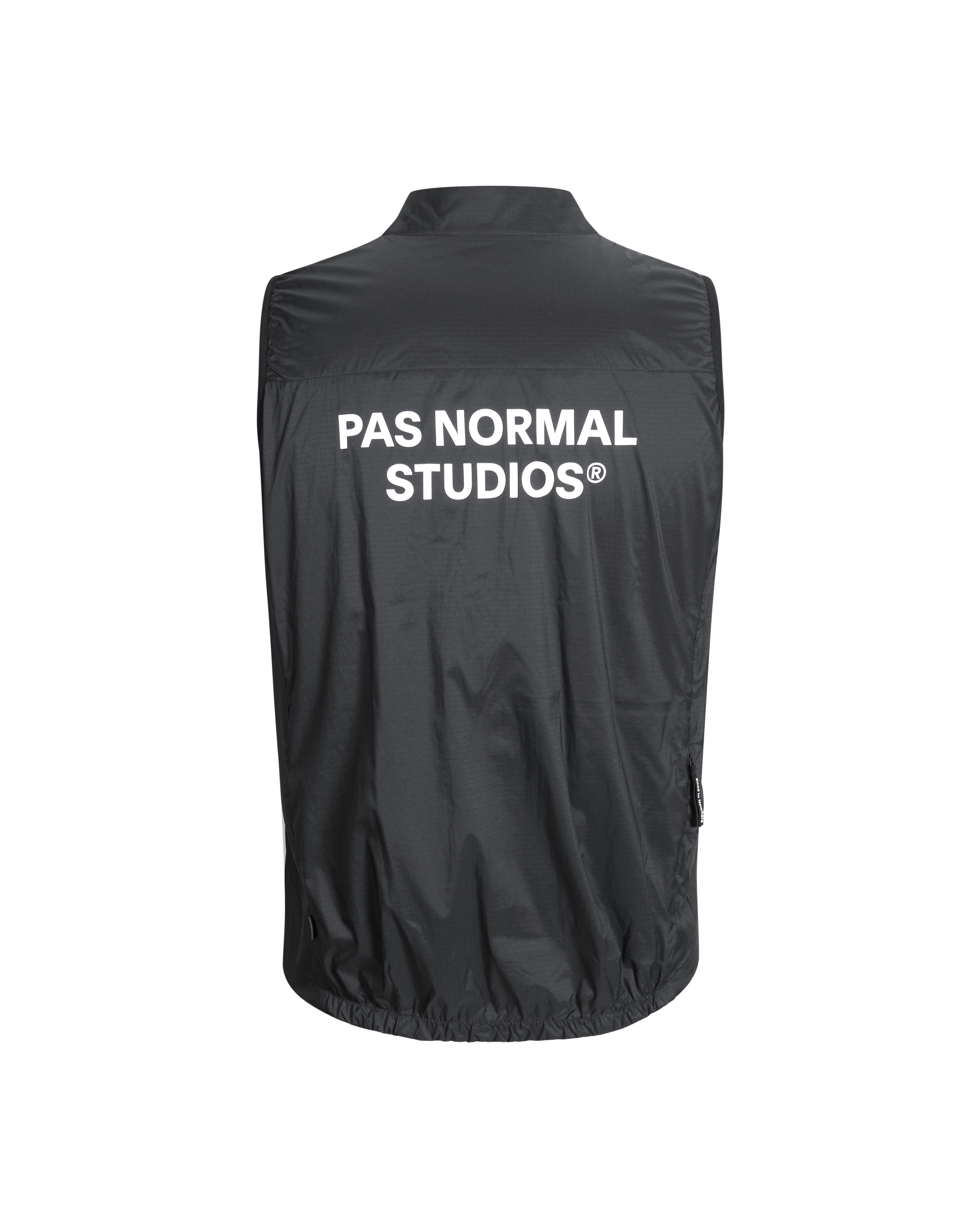 Black Essential Insulated cycling gilet, rear view with white logo print