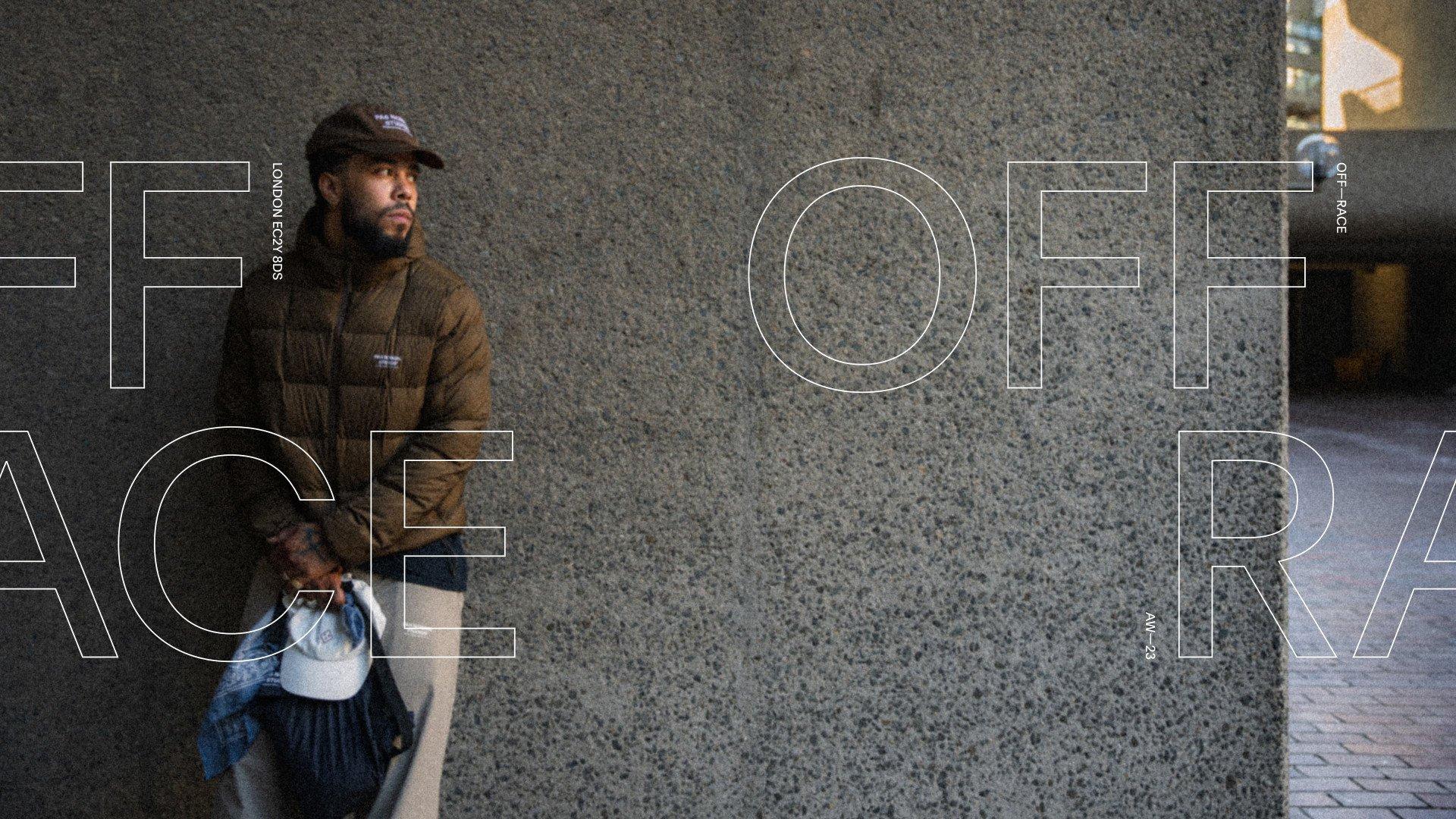 Model wearing brown jacket and cap from Off-Race AW23 collection against concrete wall with outlined text overlay