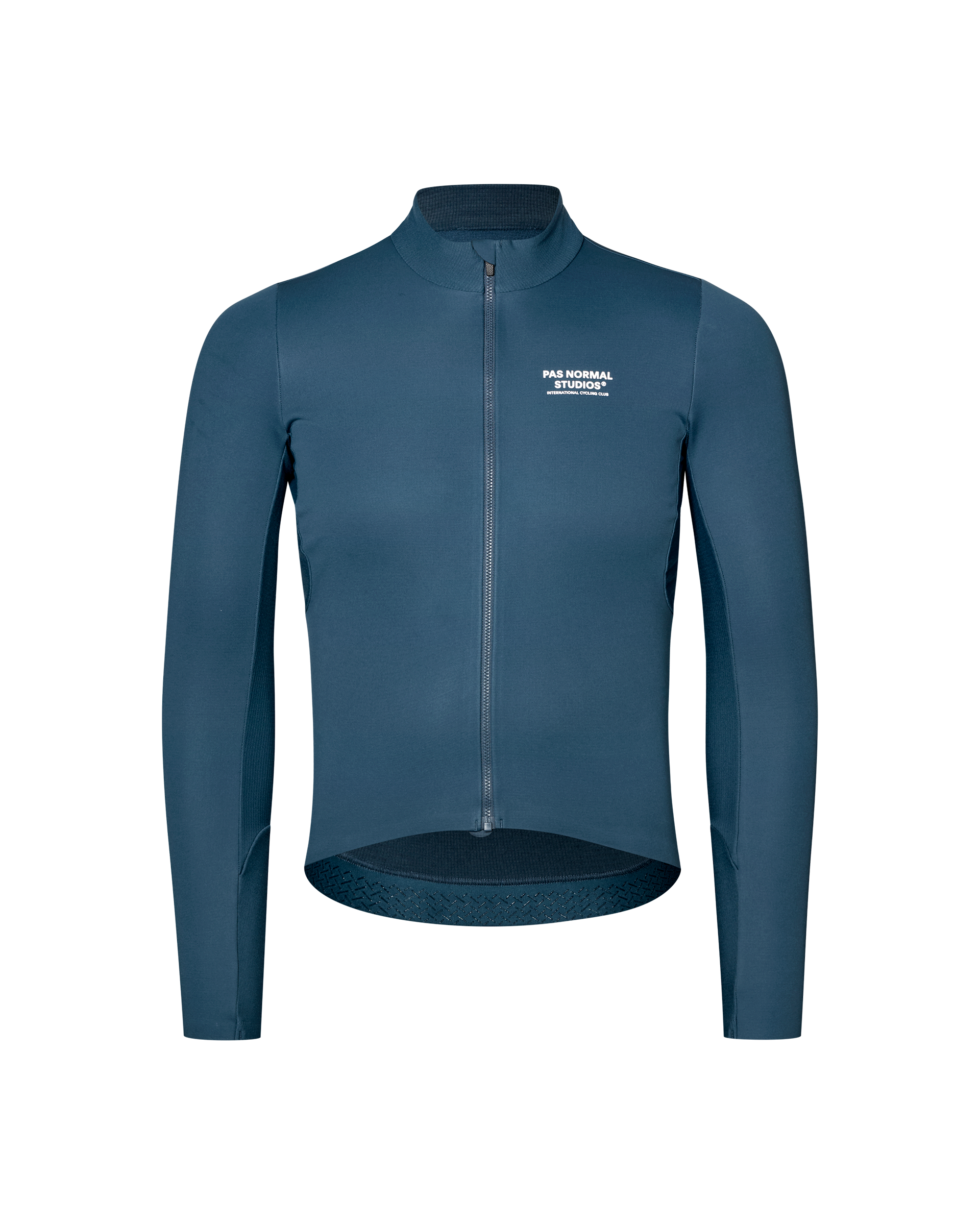 Denim Blue Mechanism Thermal Long Sleeve cycling jersey, front flat lay with full zip and white chest logo