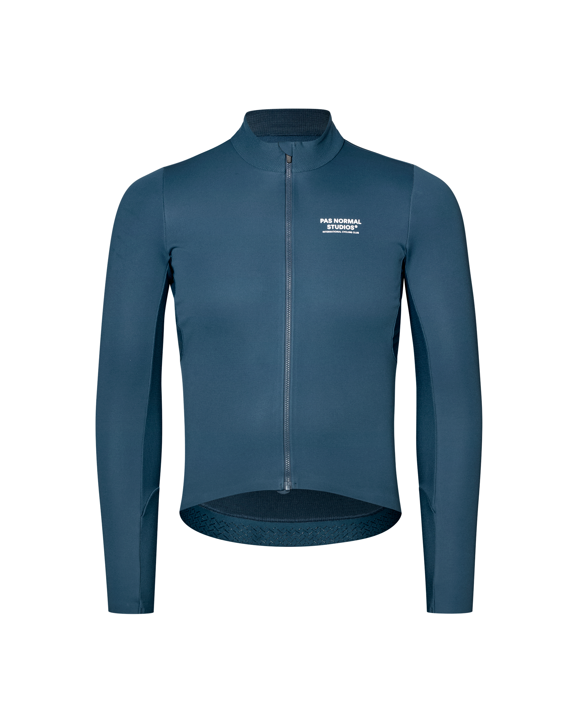 Denim Blue Mechanism Thermal Long Sleeve cycling jersey, front flat lay with full zip and white chest logo