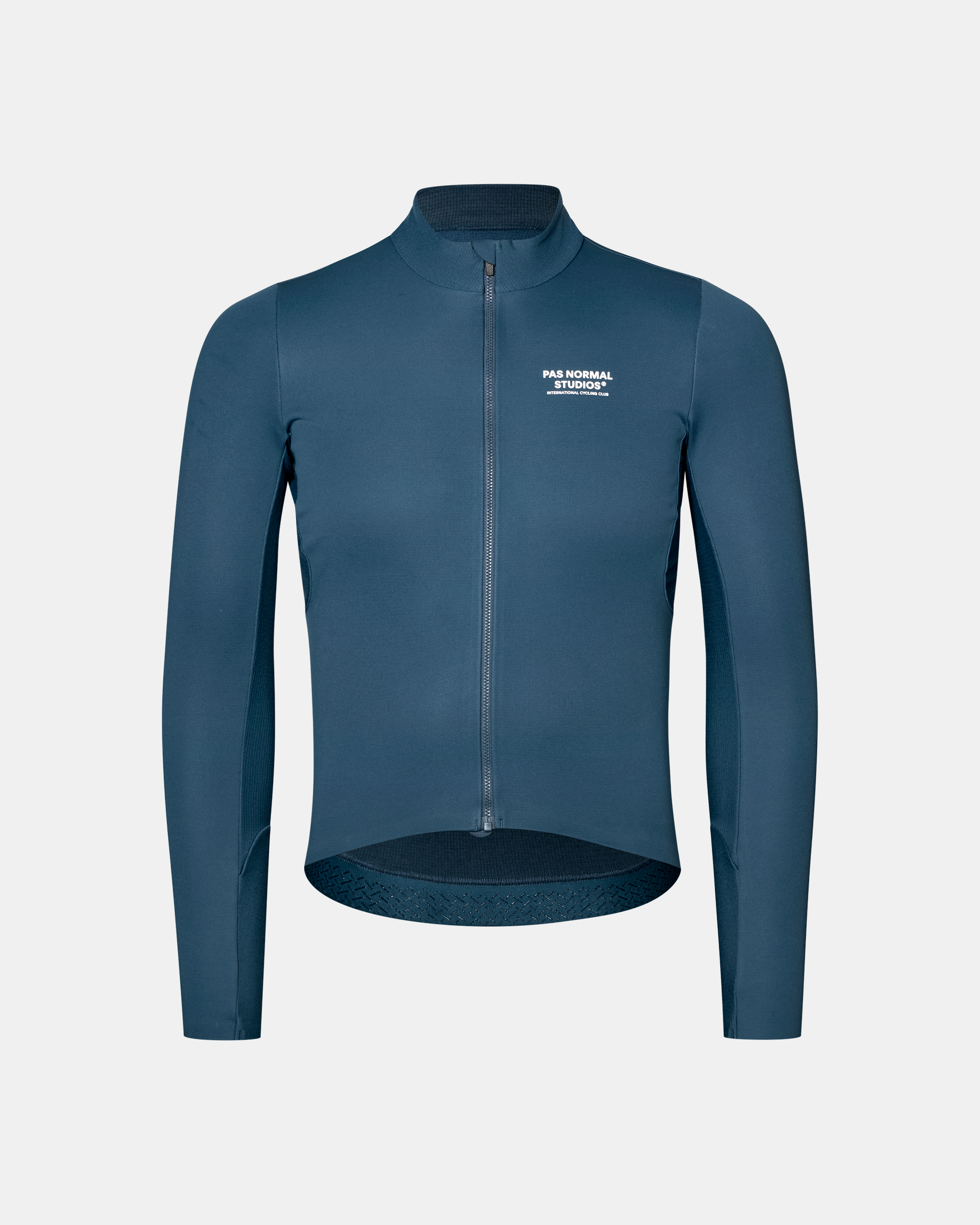 Denim Blue Mechanism Thermal Long Sleeve cycling jersey, front flat lay with full zip and white chest logo