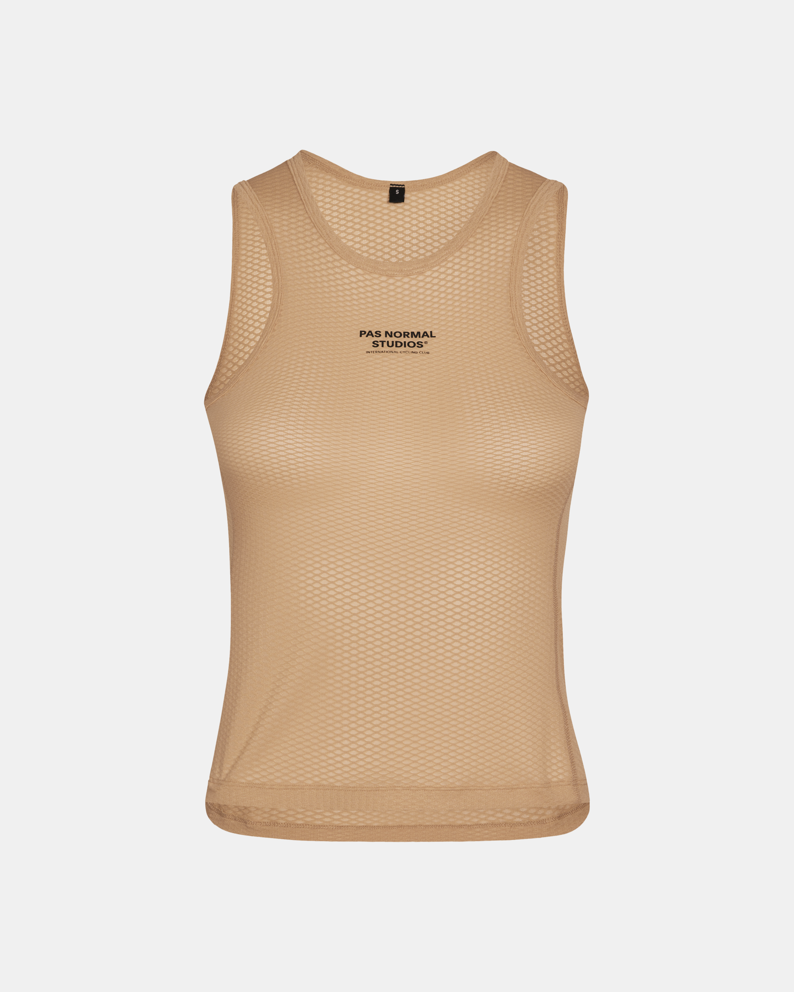 Camel Mechanism cycling base layer, front flat lay with mesh construction