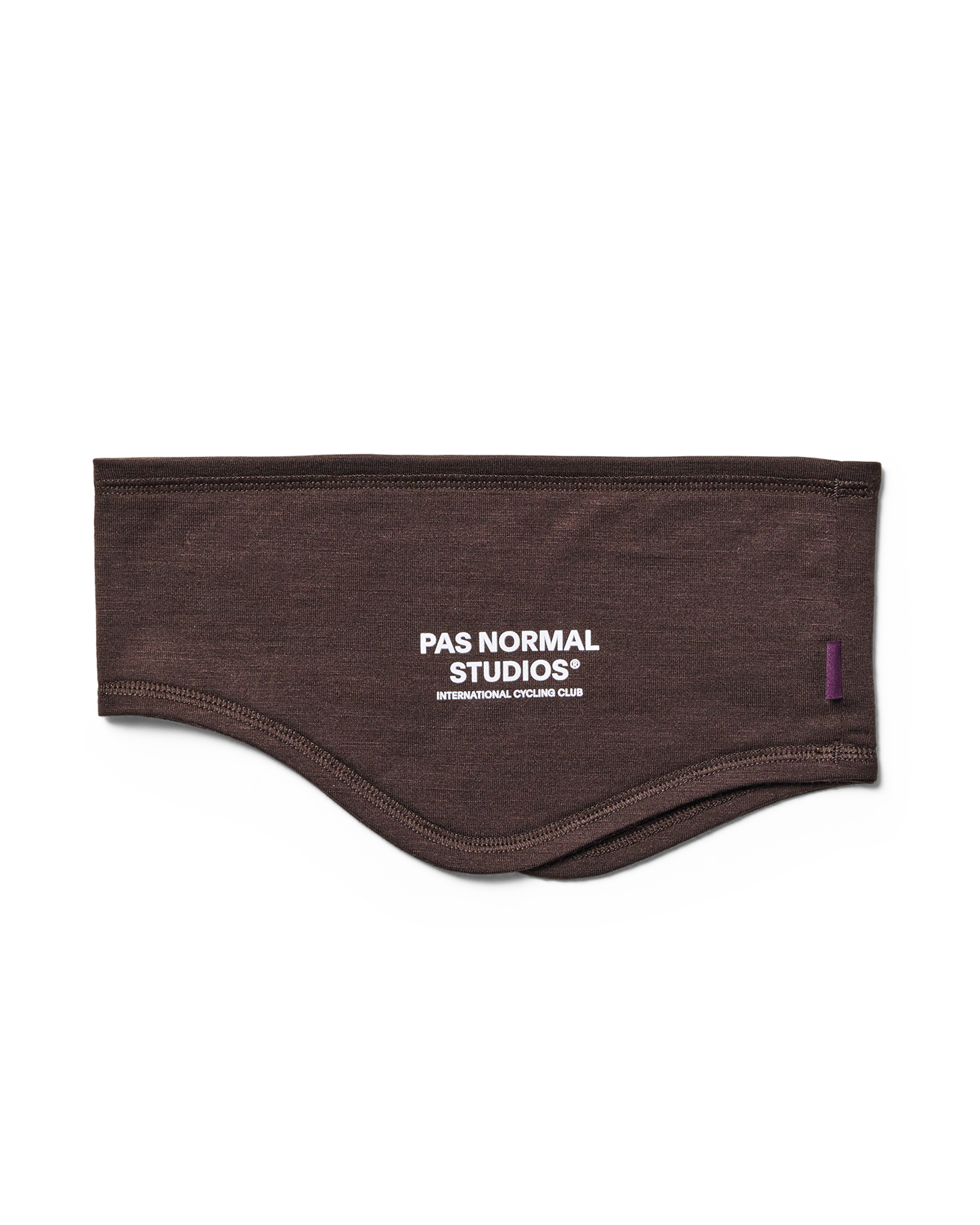 Brown Logo Merino headband flat lay with white logo print