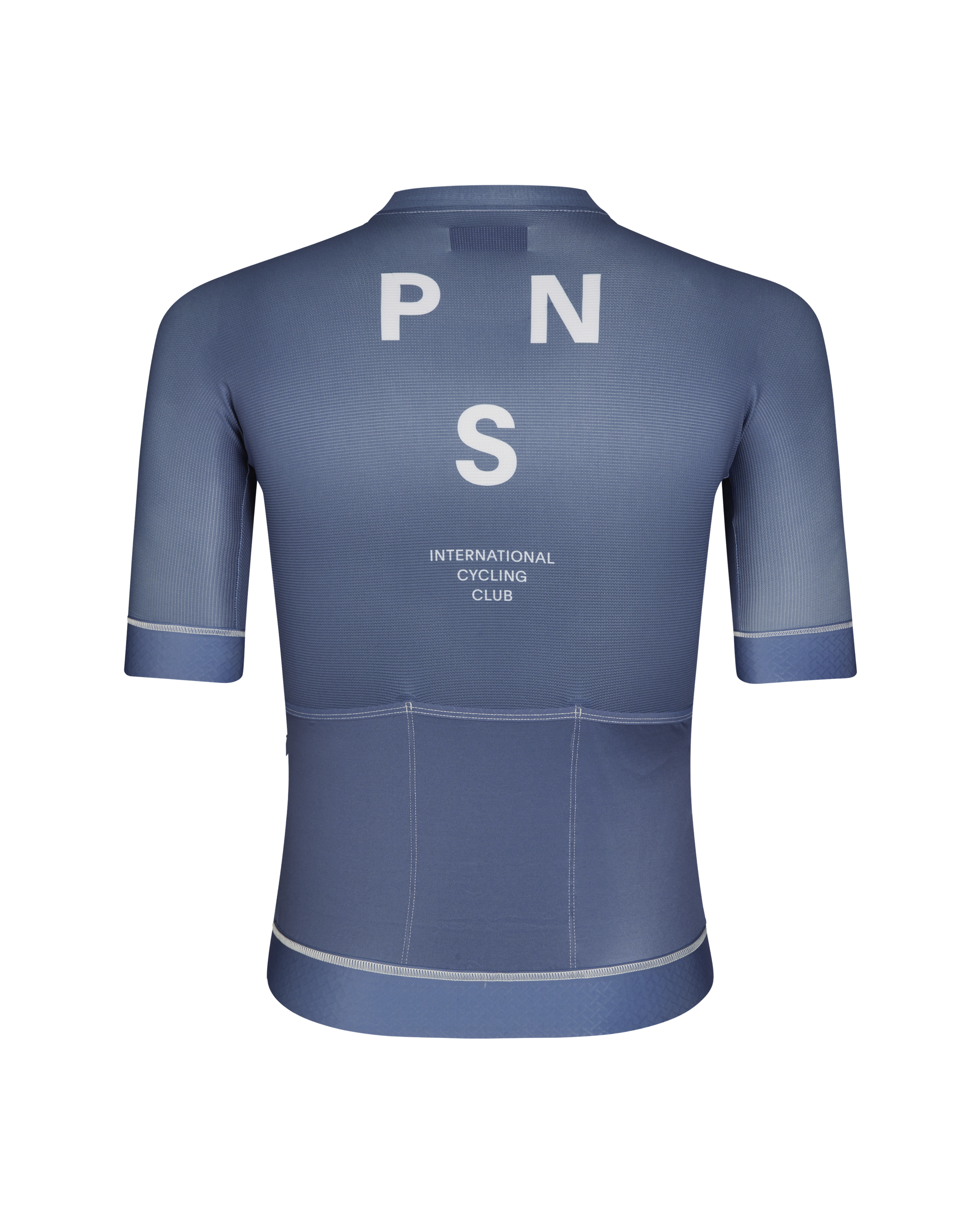 Light Indigo Mechanism cycling jersey, rear view with white PNS logo and contrast stitching