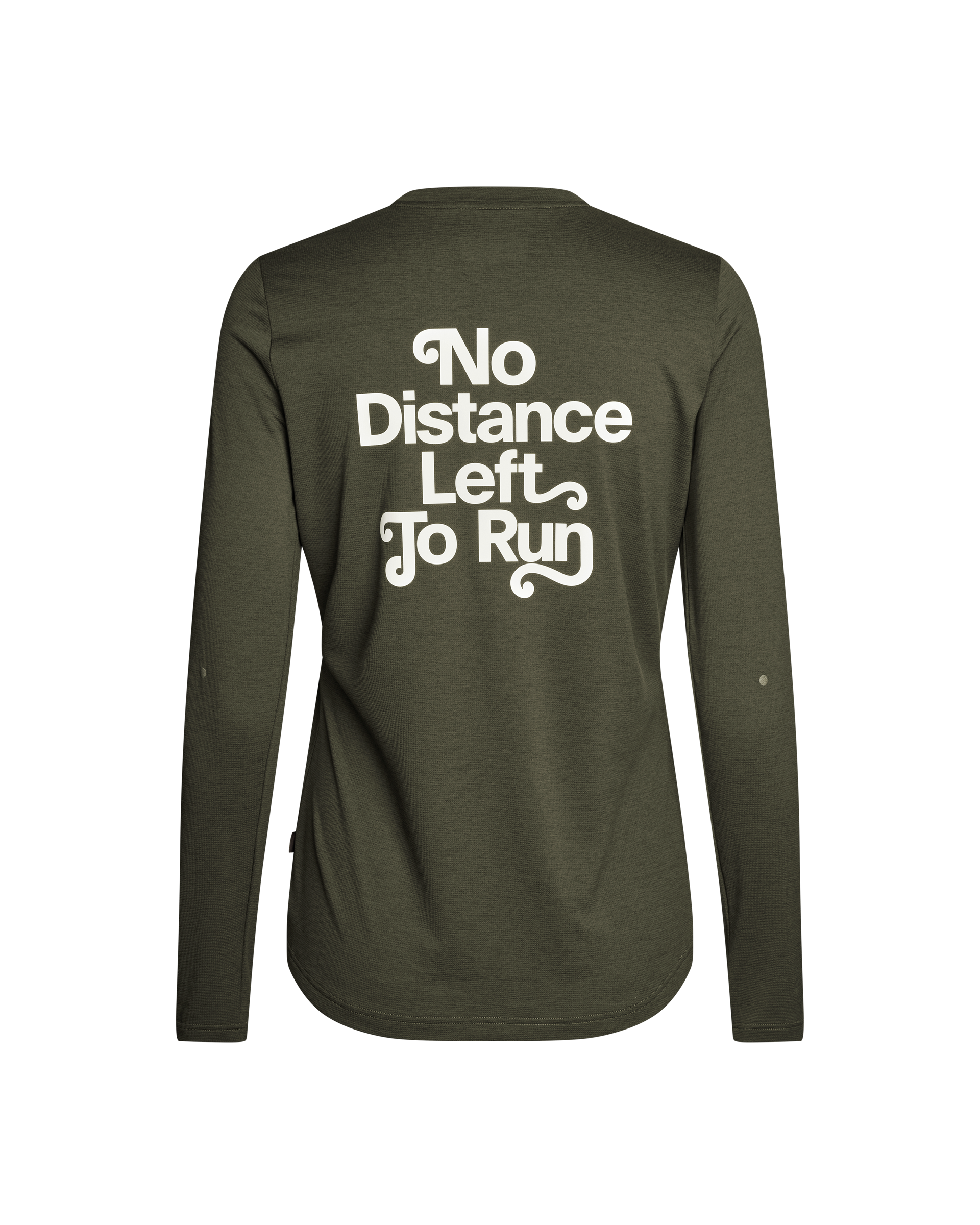 Dark Olive Balance long sleeve t-shirt, rear view with white No Distance Left To Run text
