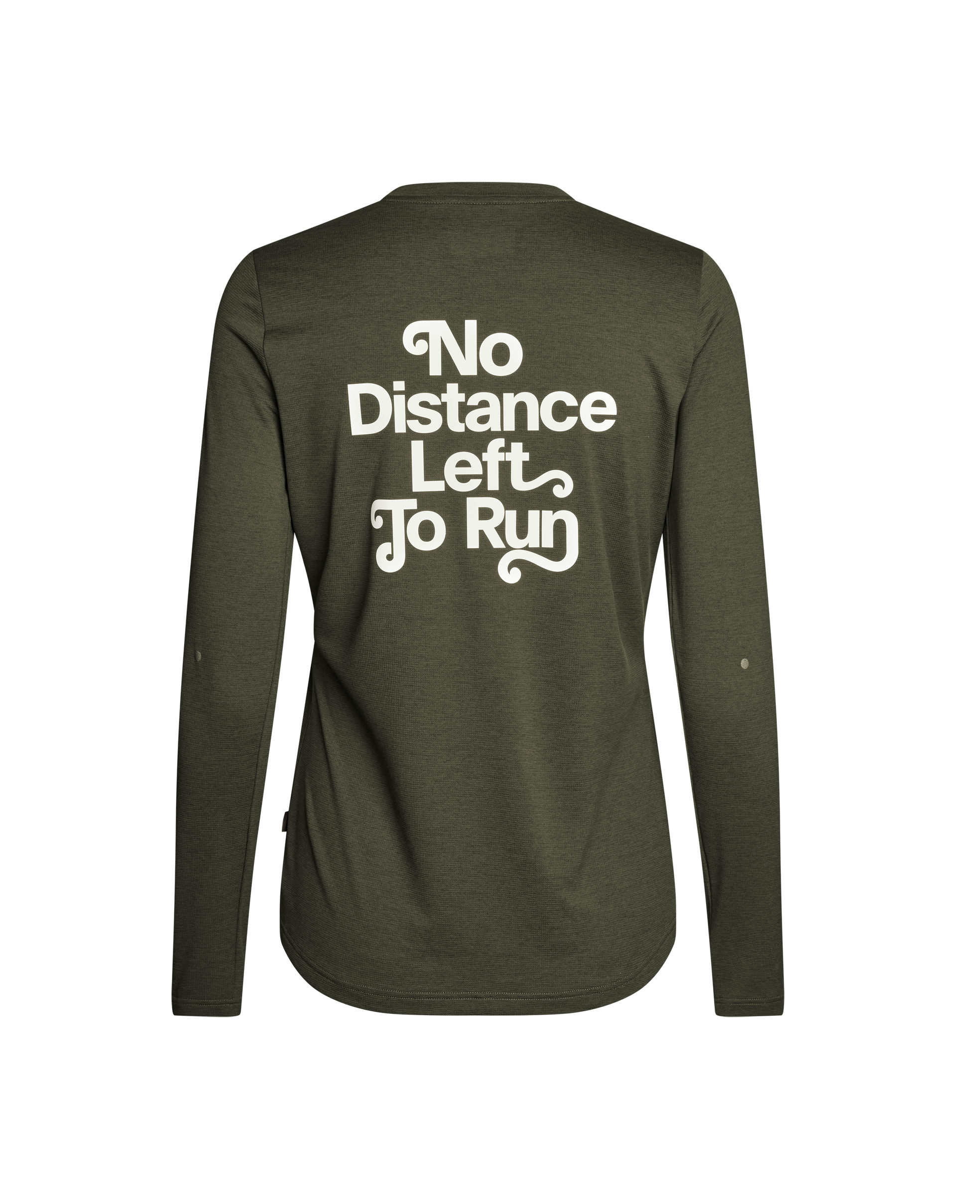 Dark Olive Balance long sleeve t-shirt, rear view with white No Distance Left To Run text