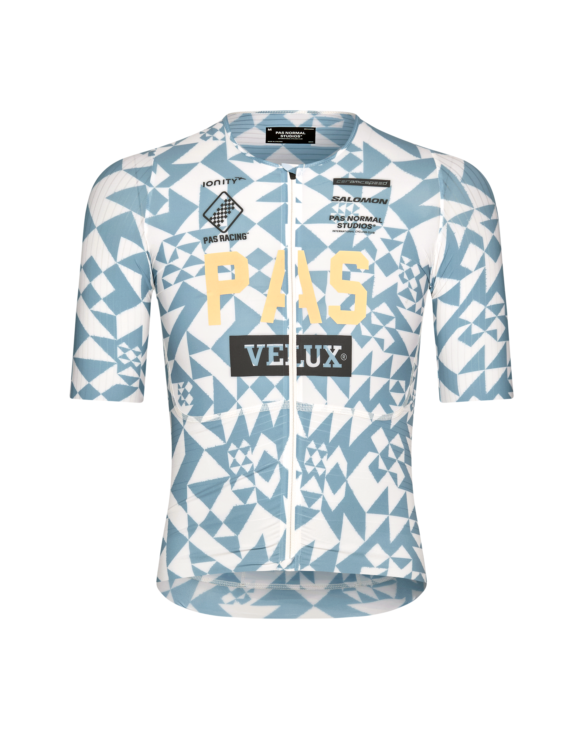 Origami Light Blue PAS Mechanism Pro cycling jersey, front flat lay with geometric print and sponsor logos