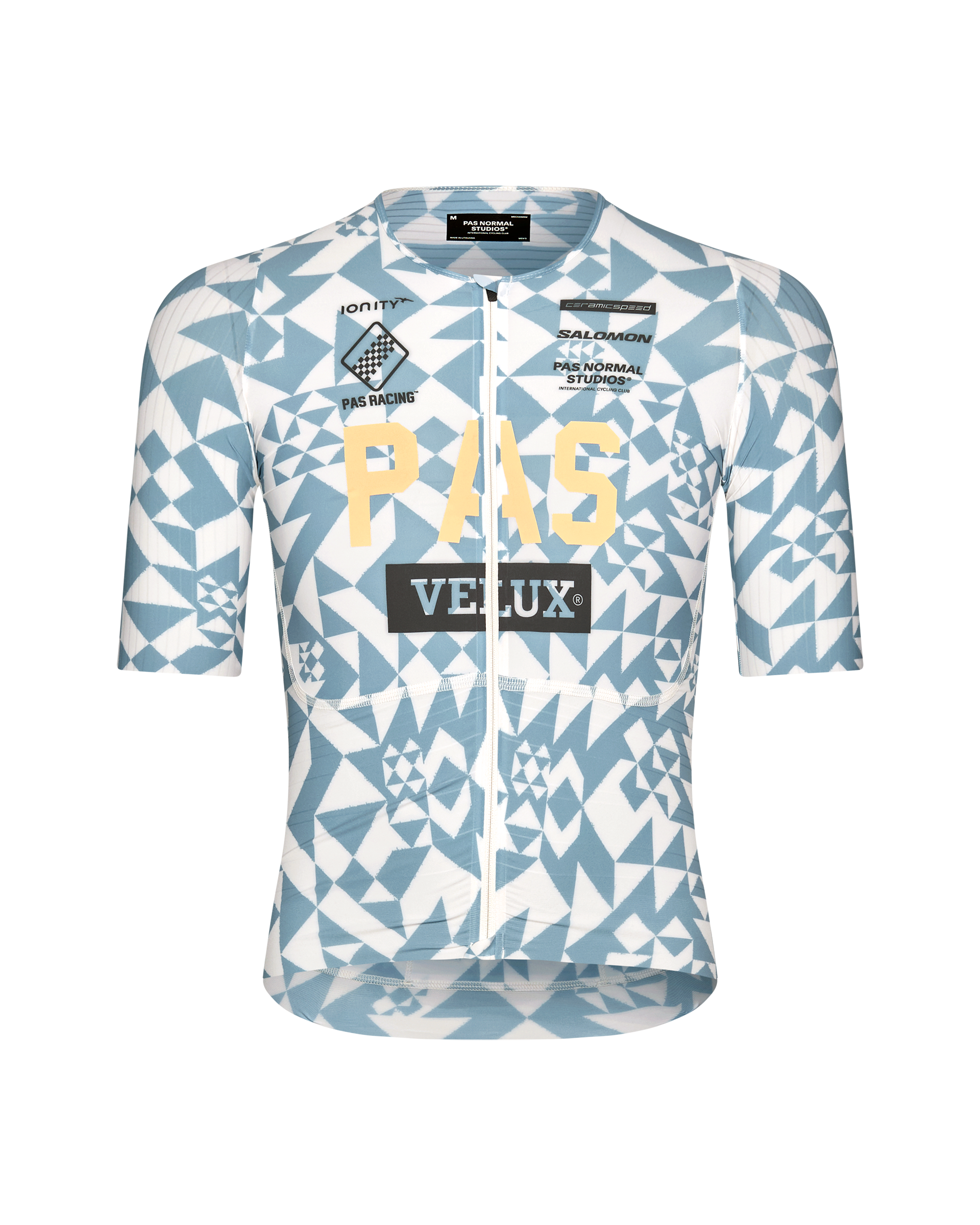 Origami Light Blue PAS Mechanism Pro cycling jersey, front flat lay with geometric print and sponsor logos