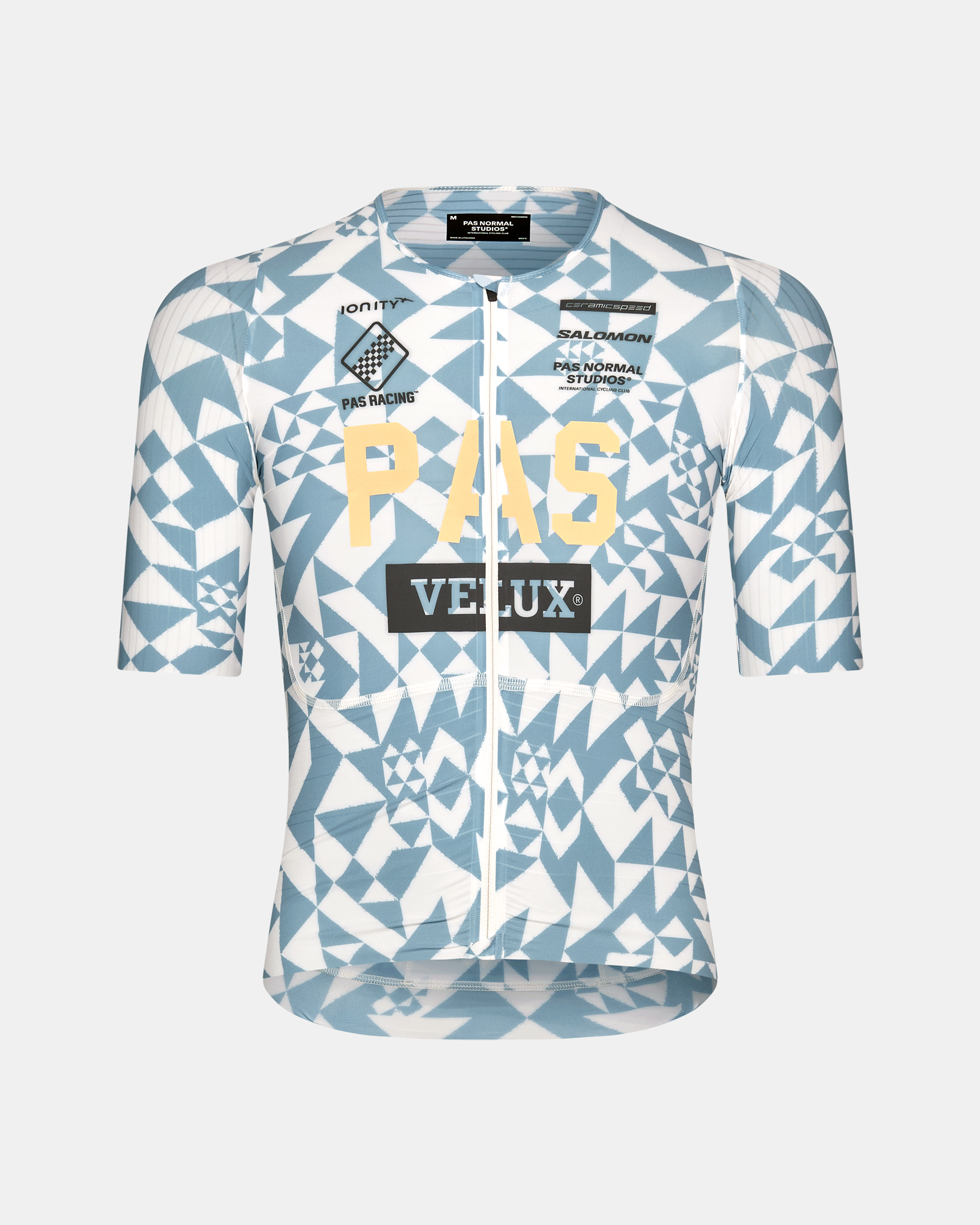 Origami Light Blue PAS Mechanism Pro cycling jersey, front flat lay with geometric print and sponsor logos
