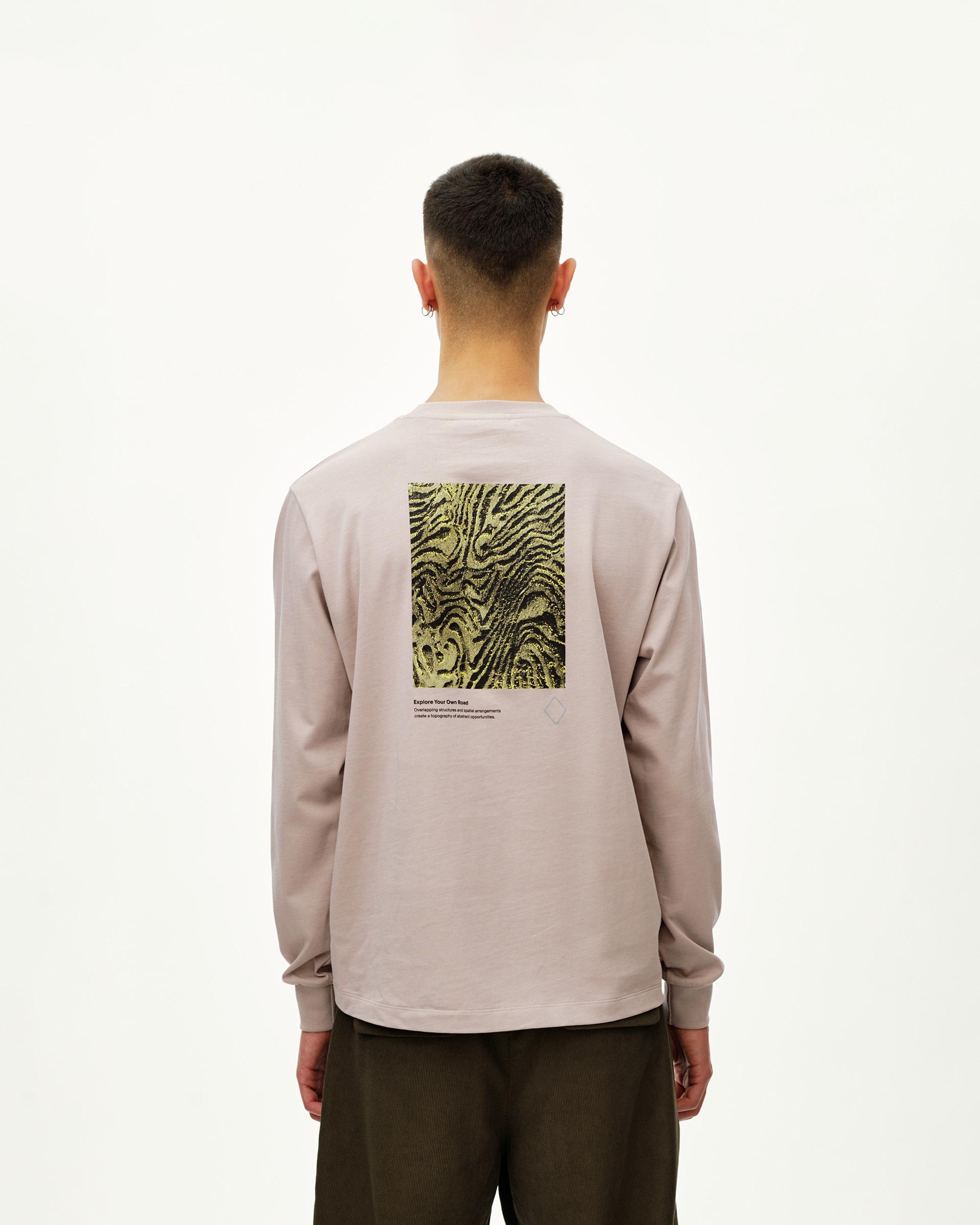 Haze purple Off-Race long sleeve graphic T-shirt on model, rear view with abstract topographic back print