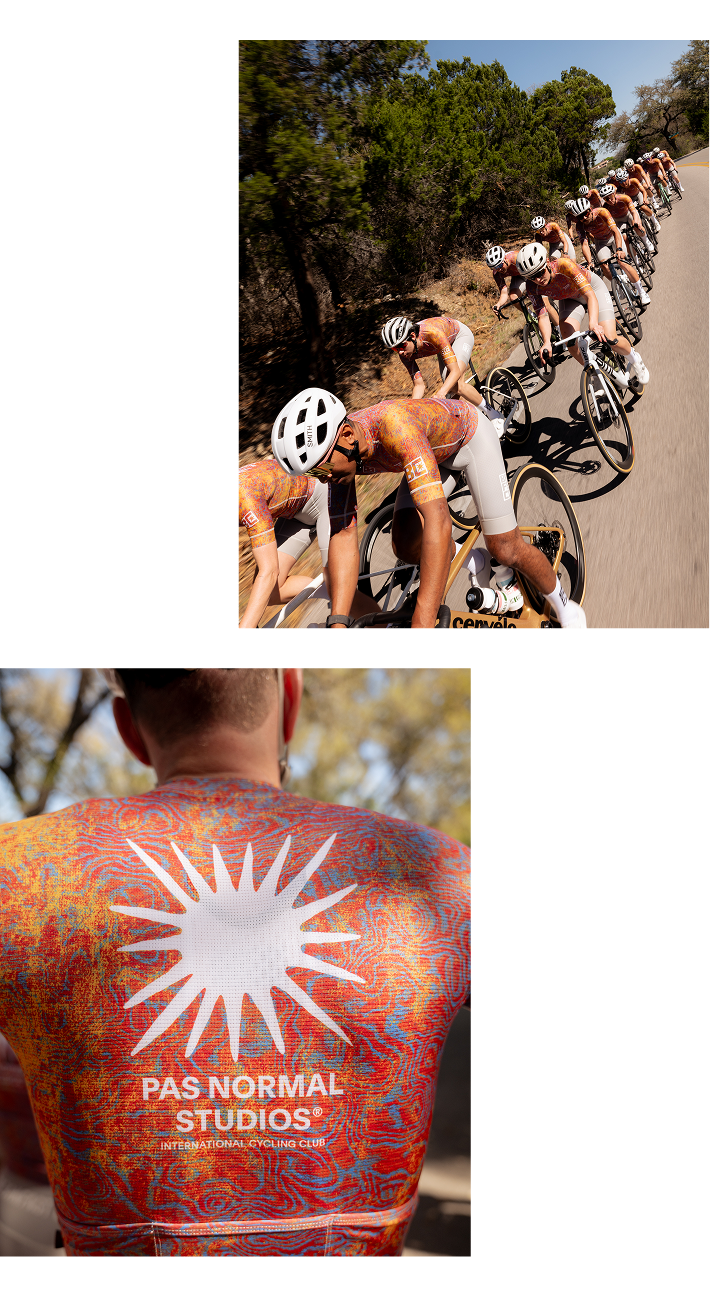 Cyclists wearing colorful patterned jerseys racing in peloton on road; detail of orange and blue jersey with sun graphic