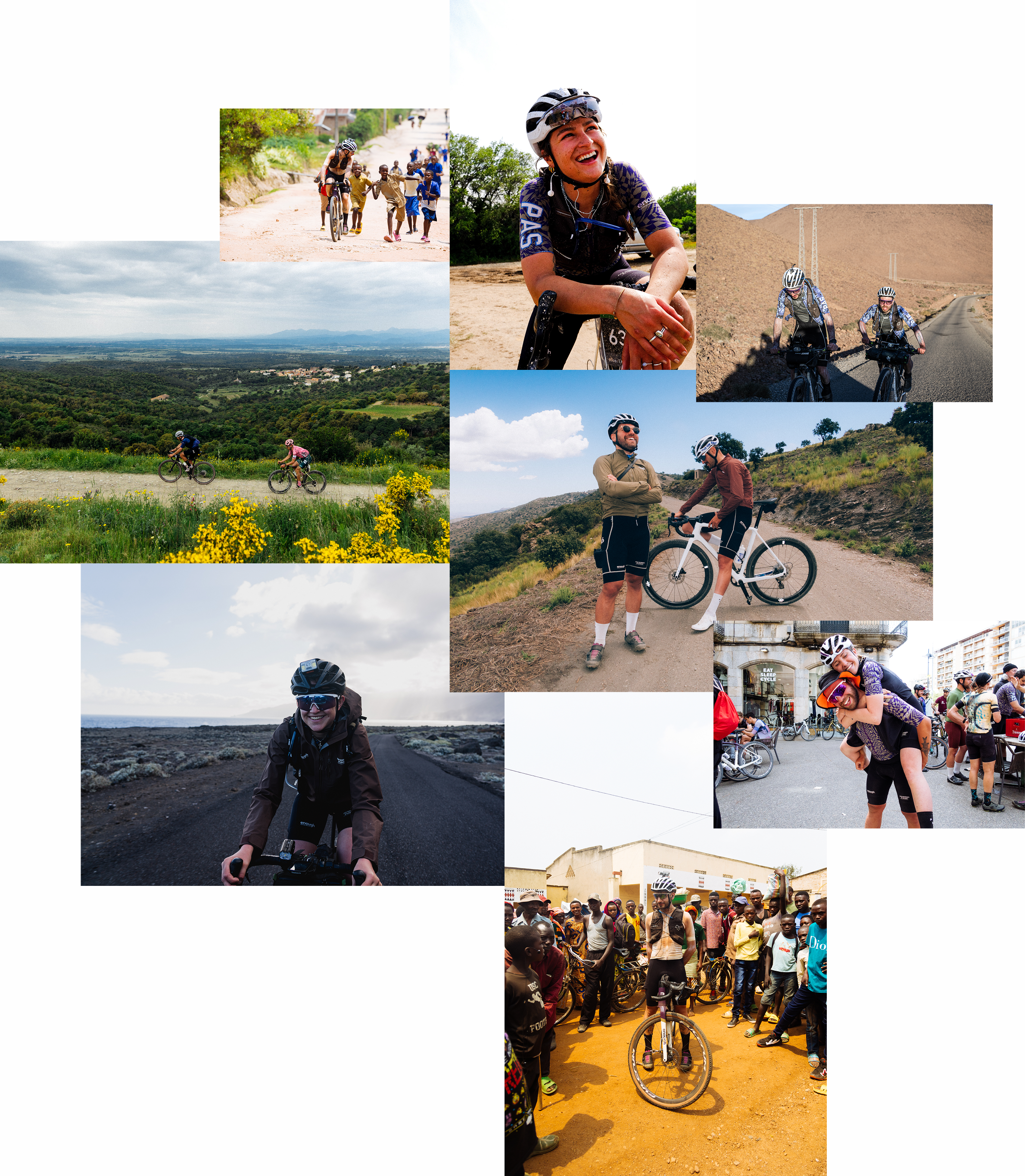 Collage of cyclists in various outdoor settings including desert roads, countryside, and community gatherings