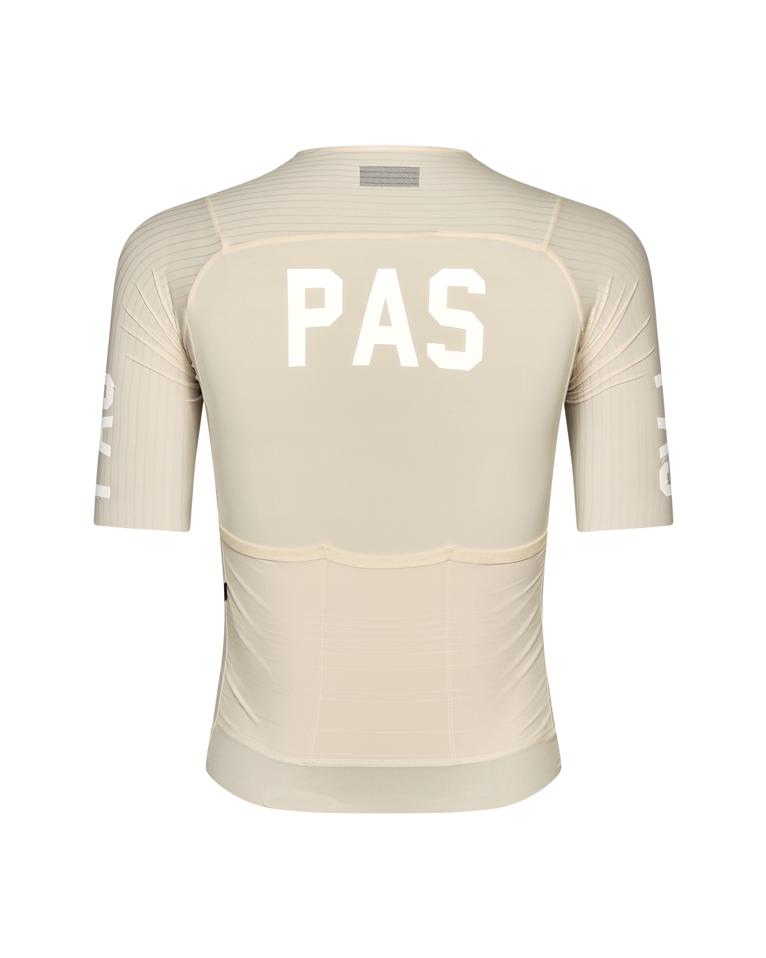 Cream PAS Mechanism Pro cycling jersey, rear view with white logo and sleeve graphics