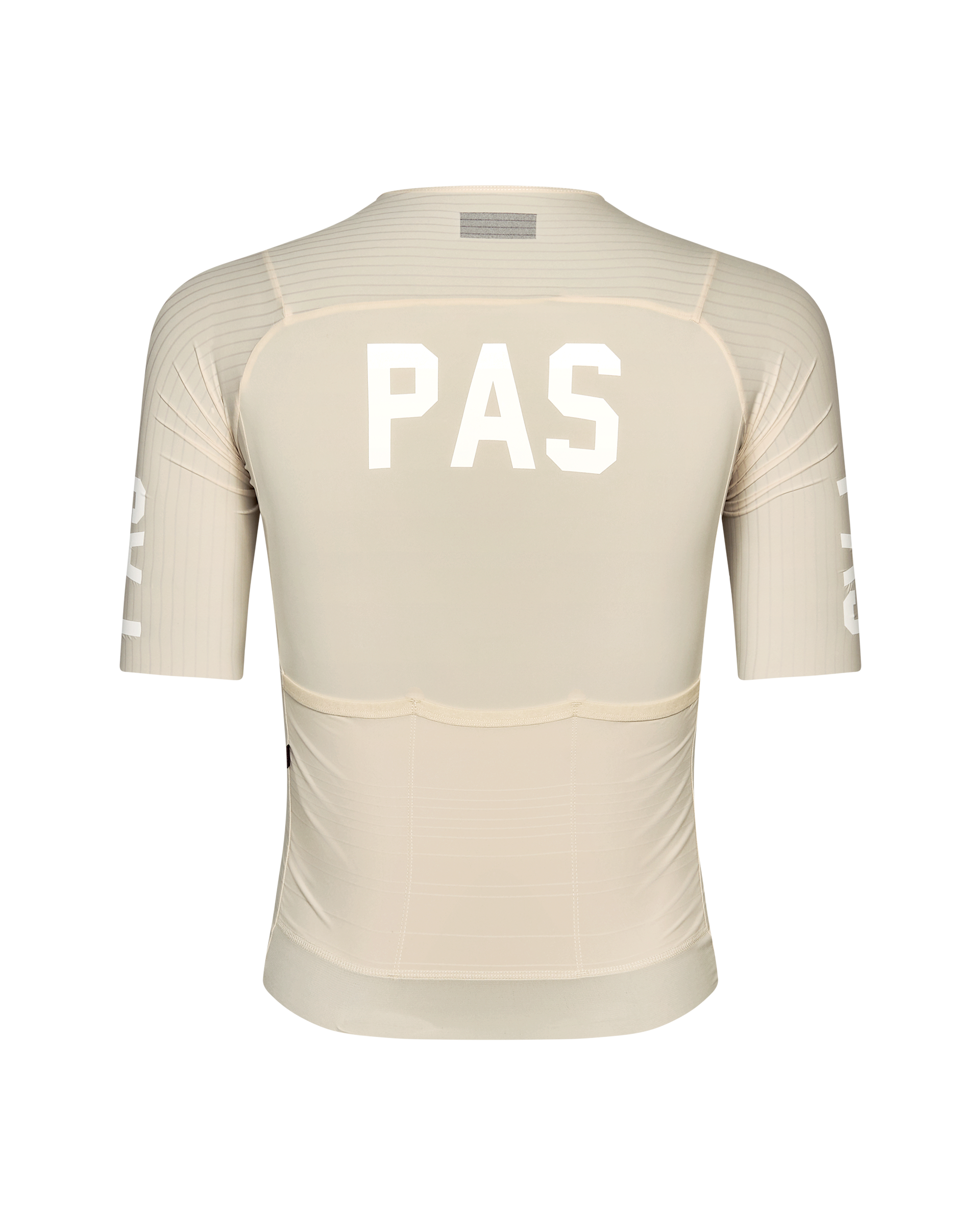Cream PAS Mechanism Pro cycling jersey, rear view with white logo and sleeve graphics