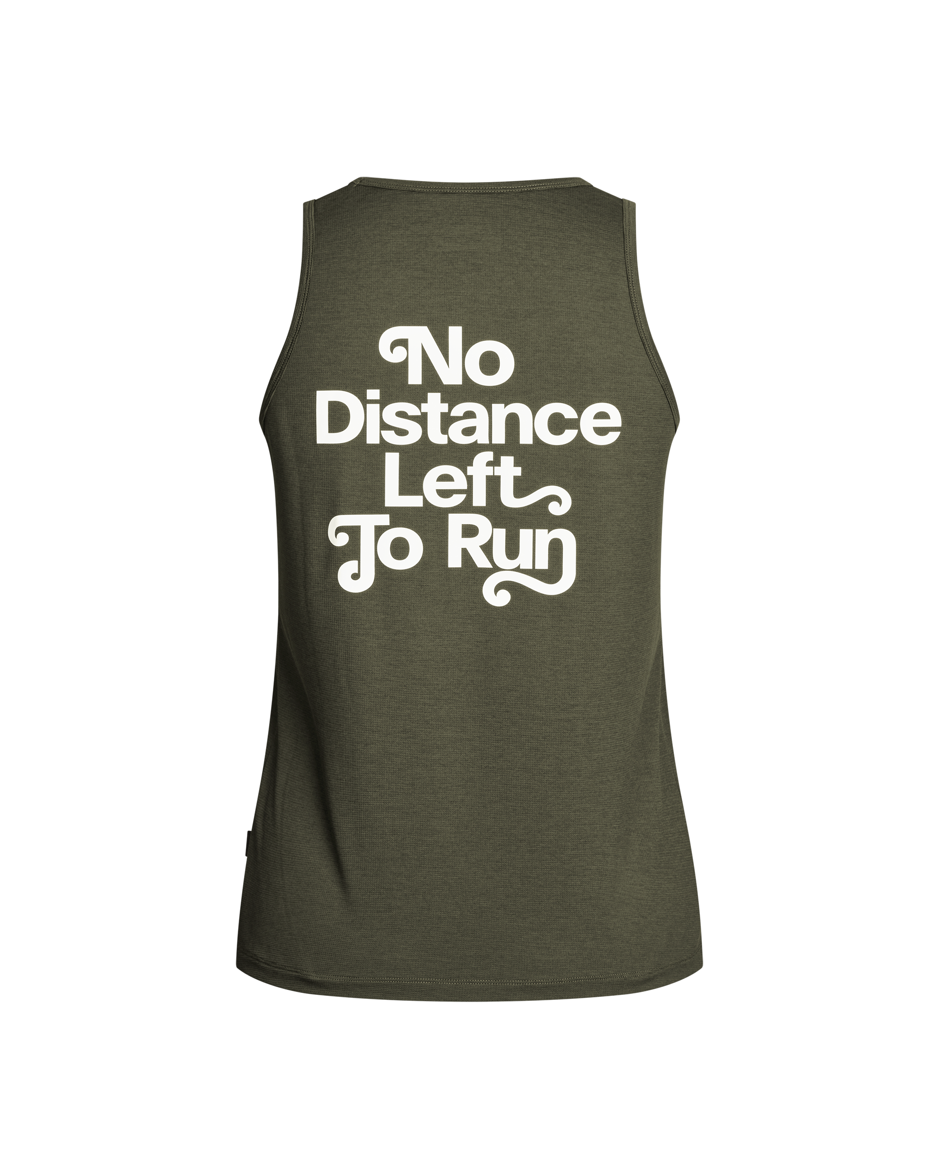 Dark Olive Balance singlet, rear flat lay with white No Distance Left To Run text