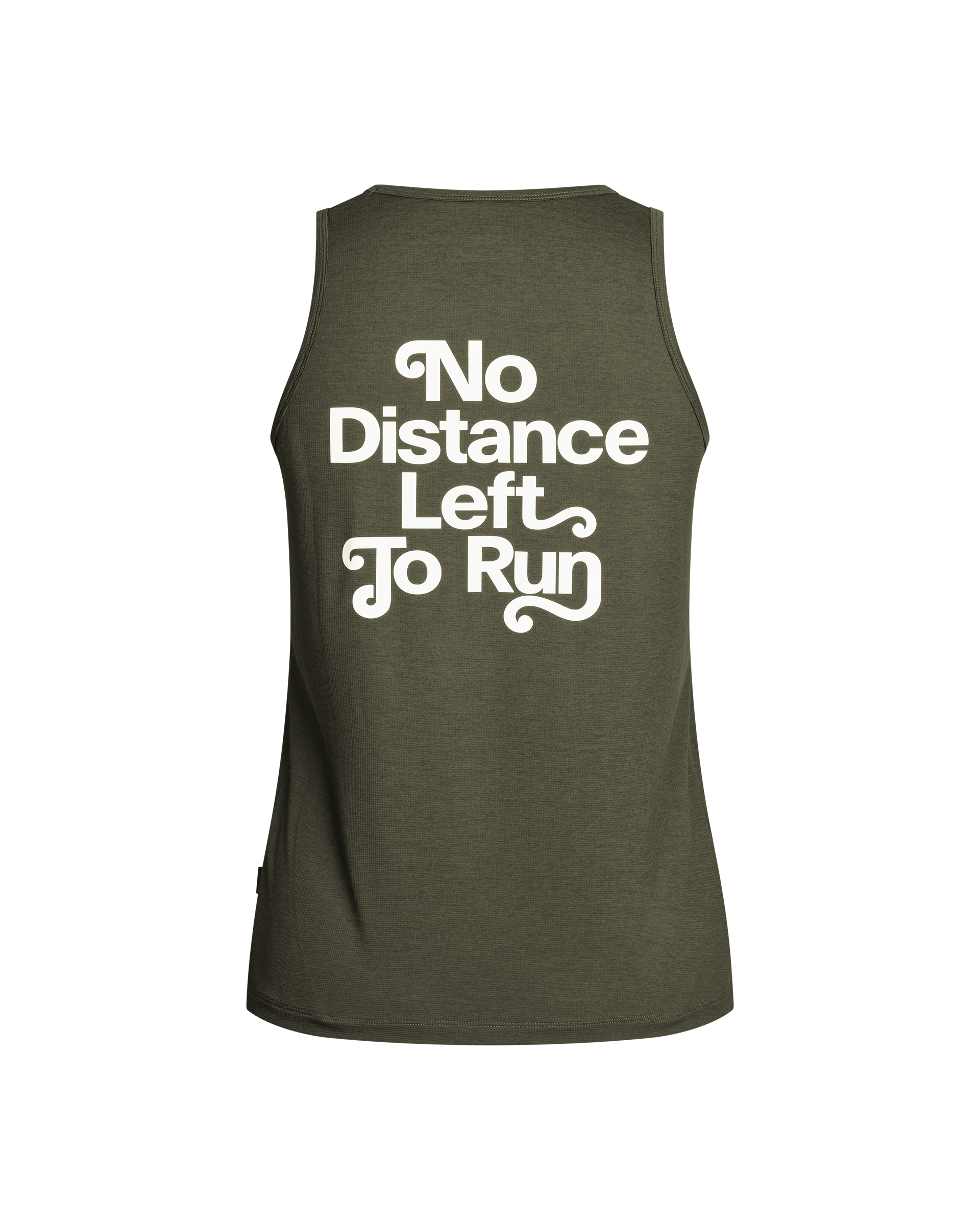 Dark Olive Balance singlet, rear flat lay with white No Distance Left To Run text