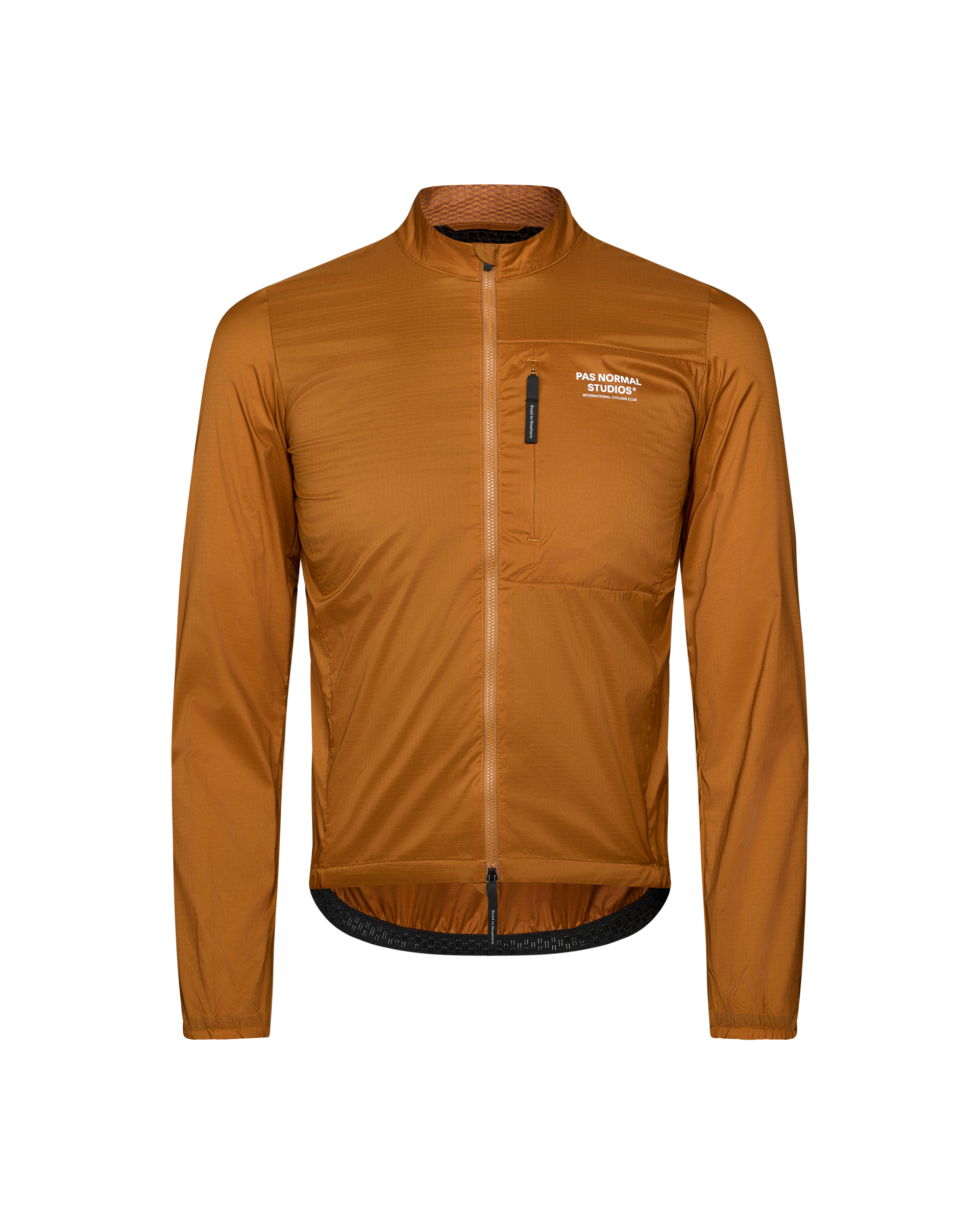 Brown Essential Insulated cycling jacket, front view with chest pocket and full zip