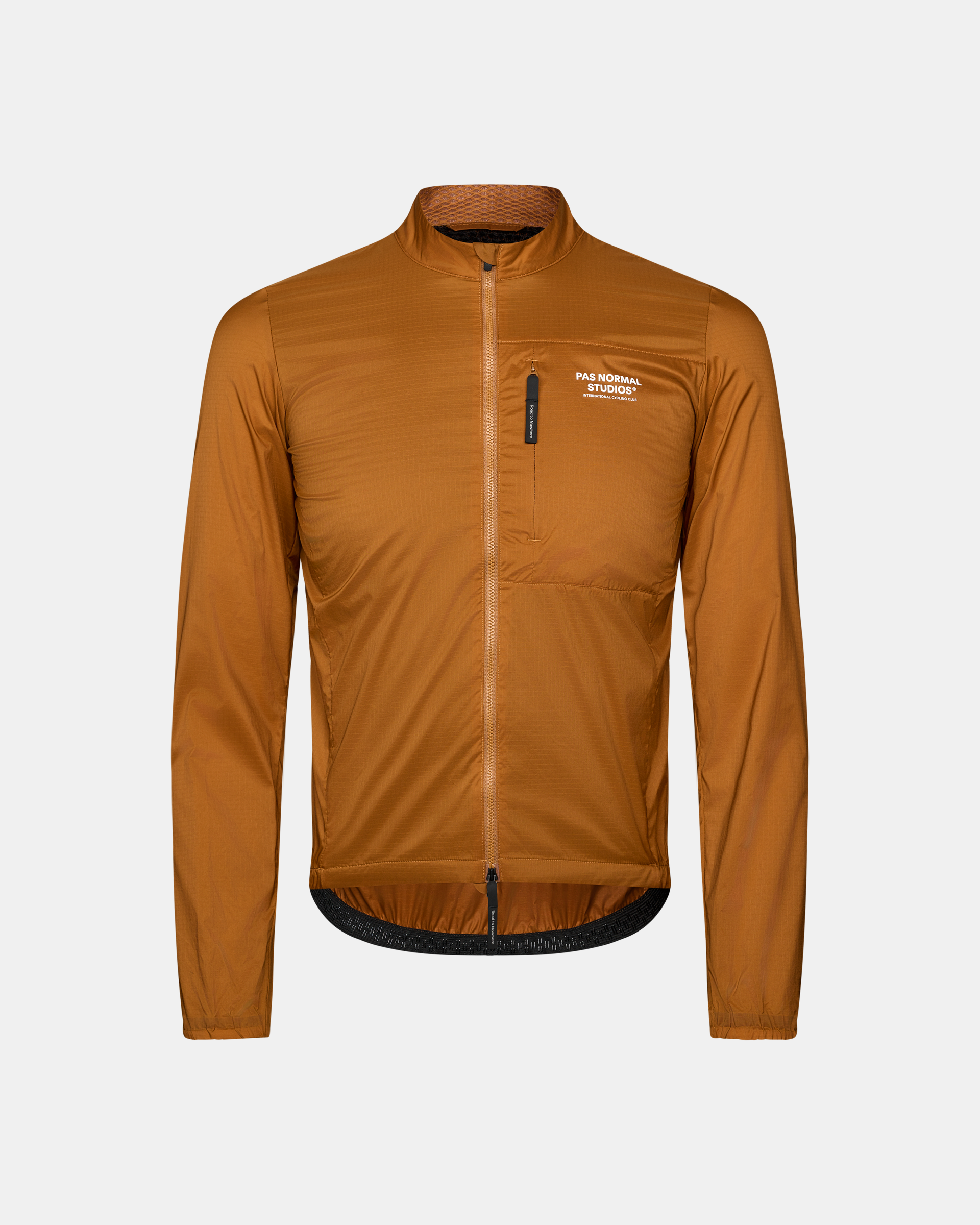 Brown Essential Insulated cycling jacket, front view with chest pocket and full zip