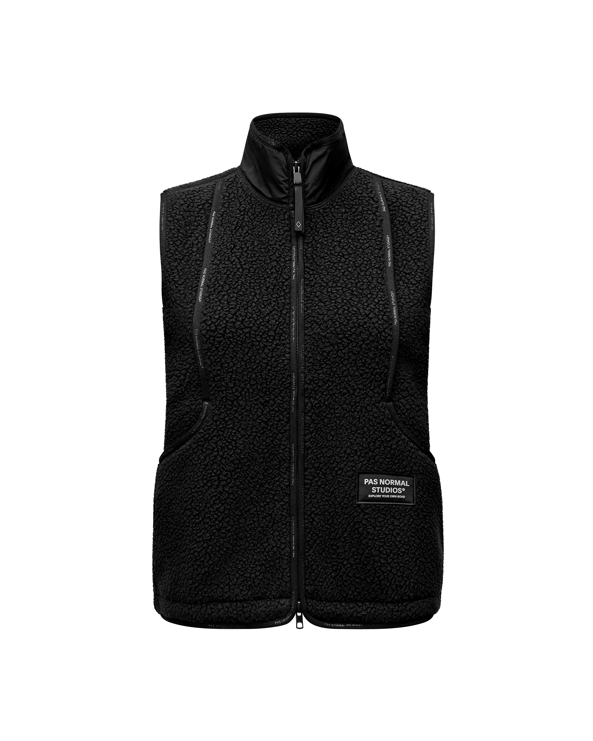 Black Off-Race Pile Fleece women's vest, front flat lay with full zip and branded label patch