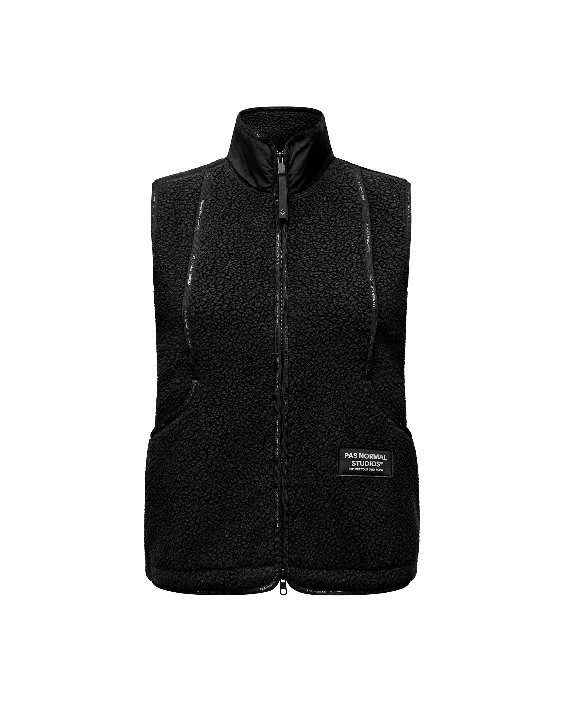 Black Off-Race Pile Fleece women's vest, front flat lay with full zip and branded label patch