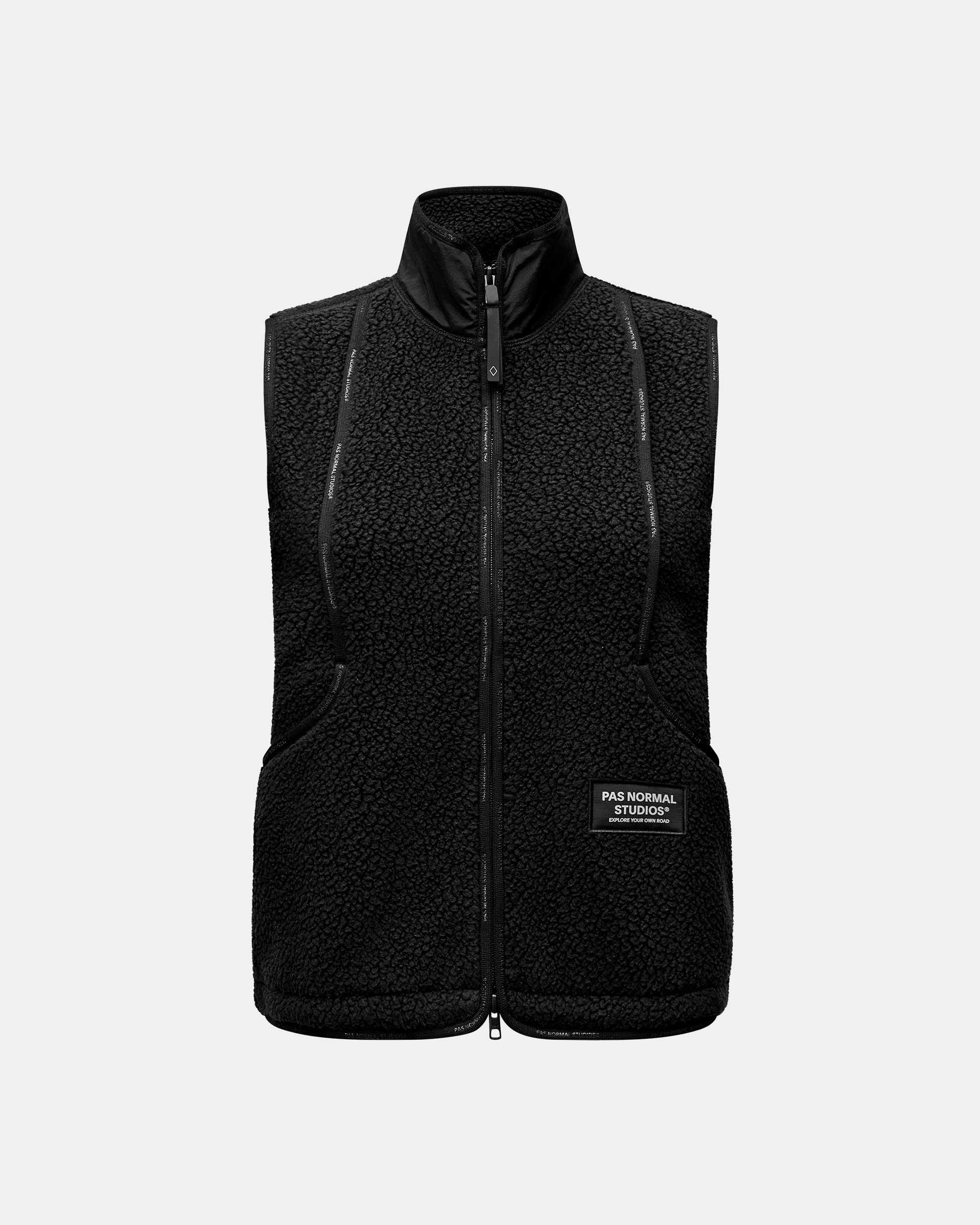 Black Off-Race Pile Fleece women's vest, front flat lay with full zip and branded label patch