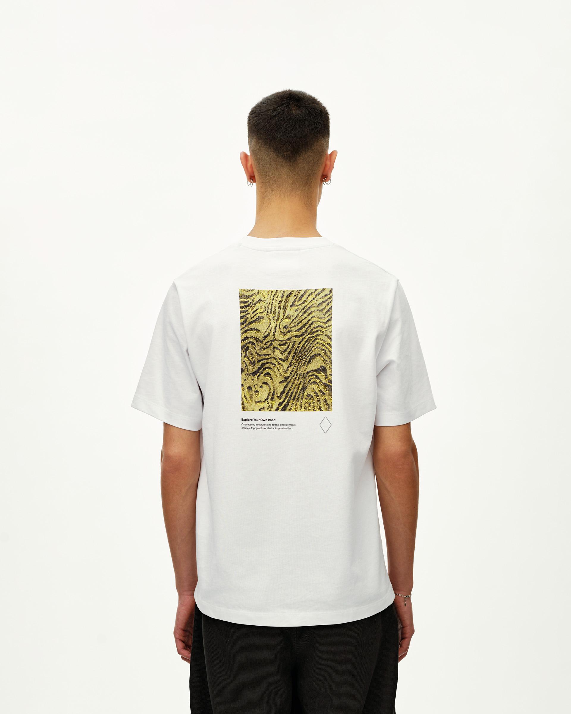 White Off-Race Graphic T-Shirt, rear view on model with abstract yellow topographic back print