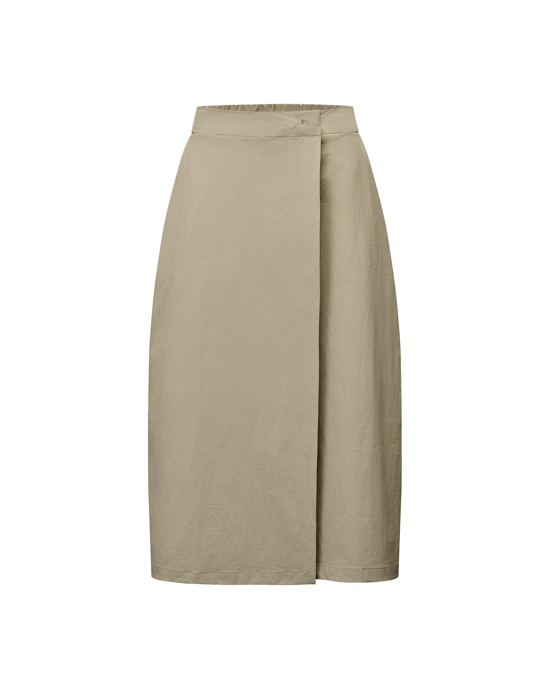 Dusty Earth khaki Off-Race Tech skirt, front flat lay with wrap panel and structured waistband