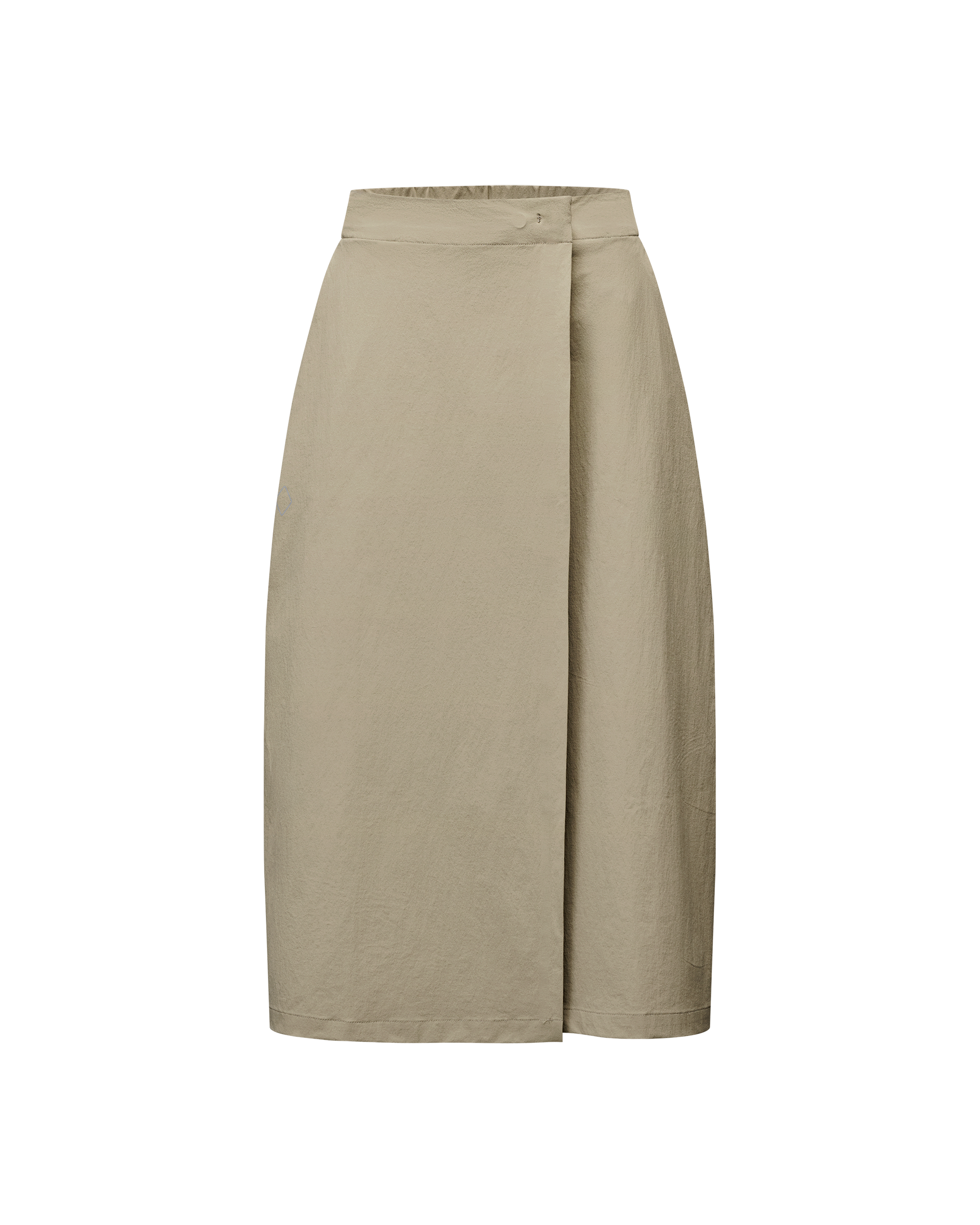 Dusty Earth khaki Off-Race Tech skirt, front flat lay with wrap panel and structured waistband