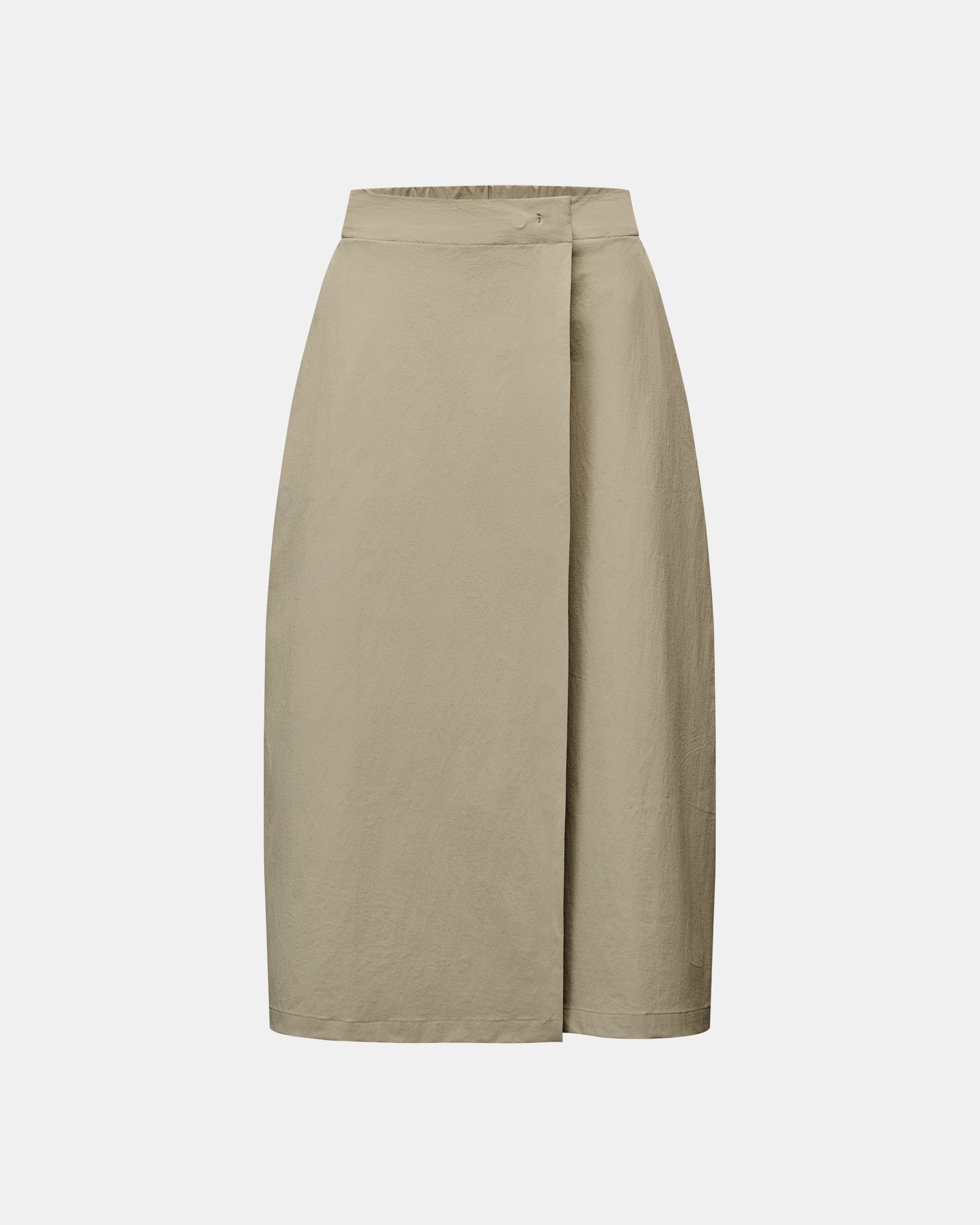 Dusty Earth khaki Off-Race Tech skirt, front flat lay with wrap panel and structured waistband