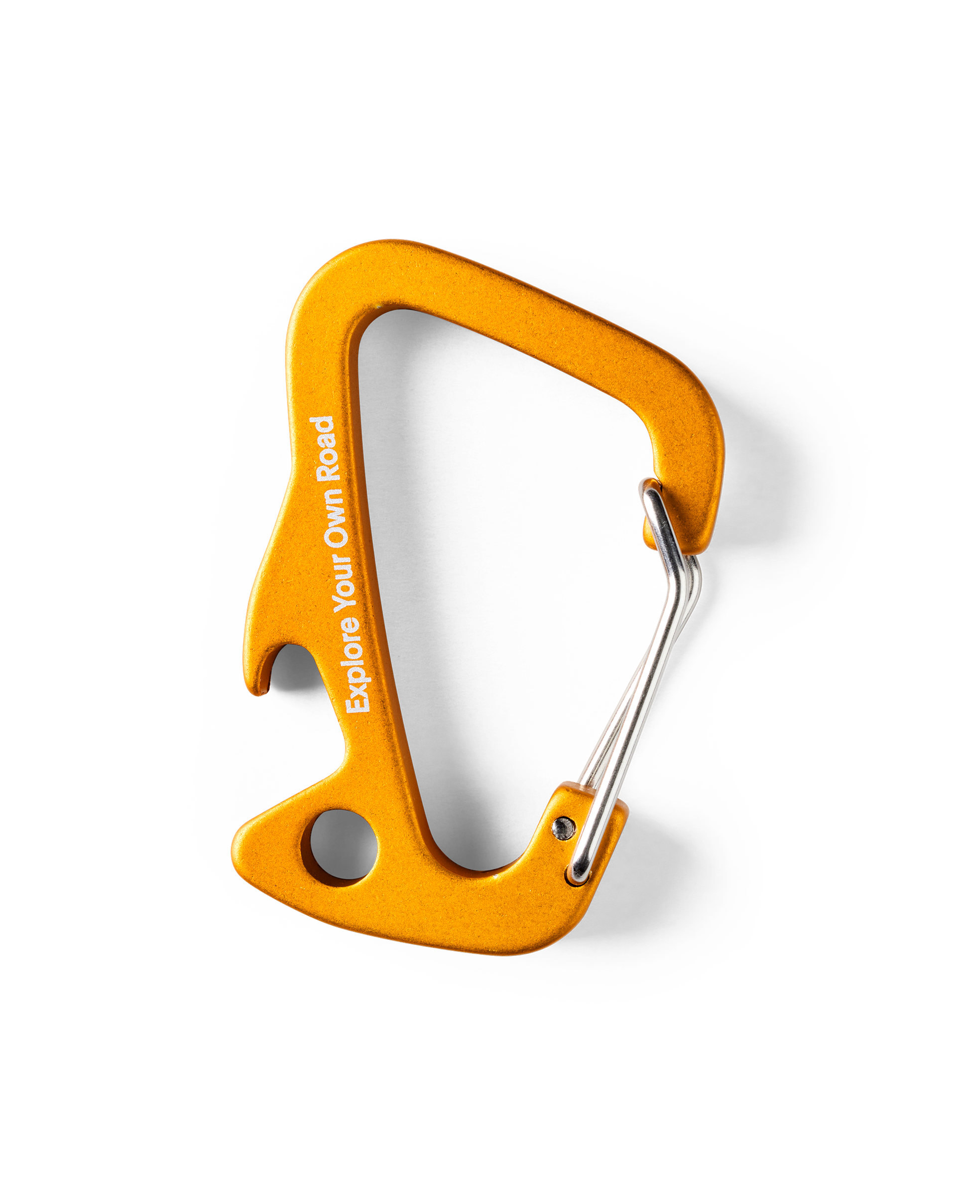 Ochre Off-Race carabiner, front view with white Explore Your Own Road print and bottle opener notch