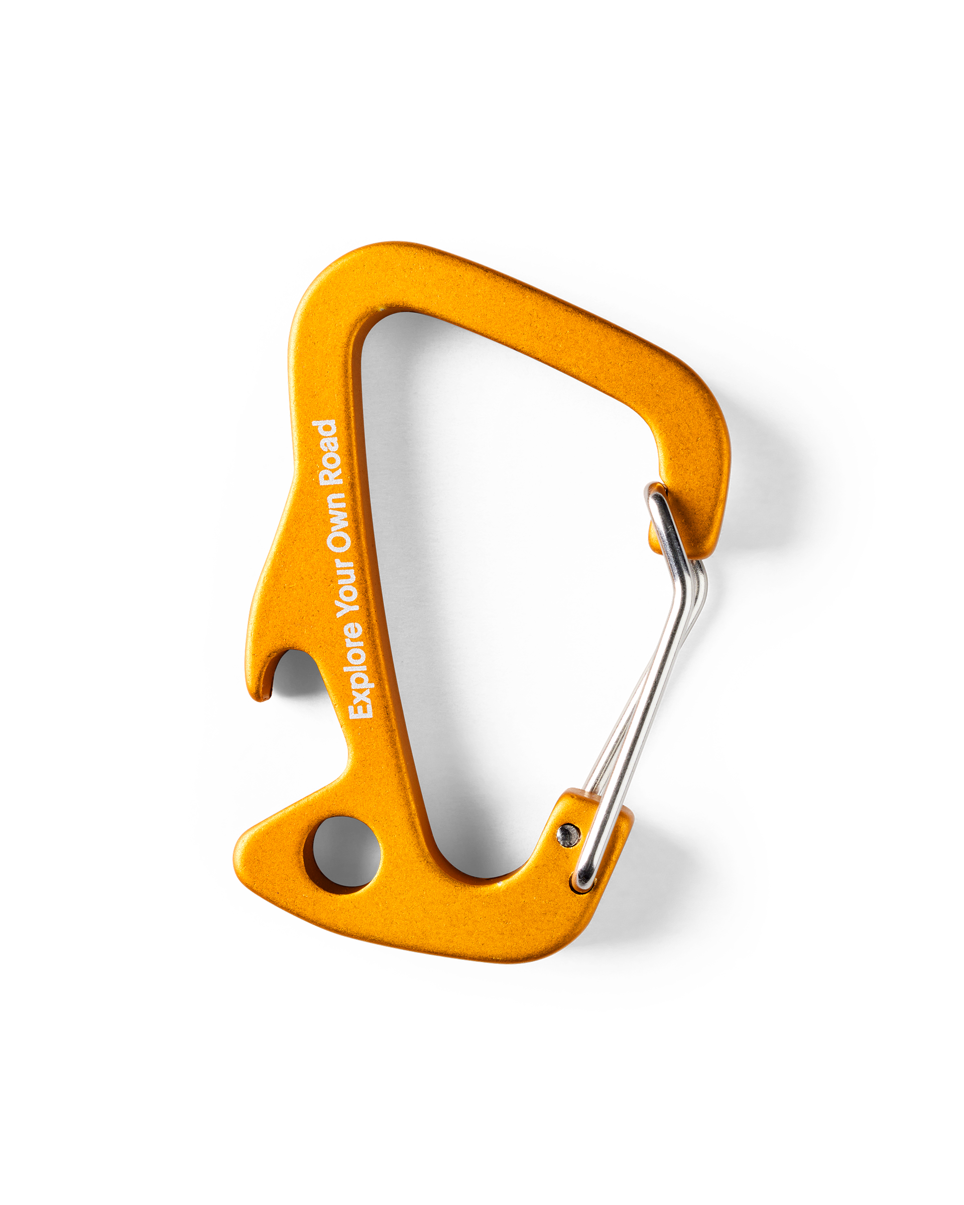Ochre Off-Race carabiner, front view with white Explore Your Own Road print and bottle opener notch