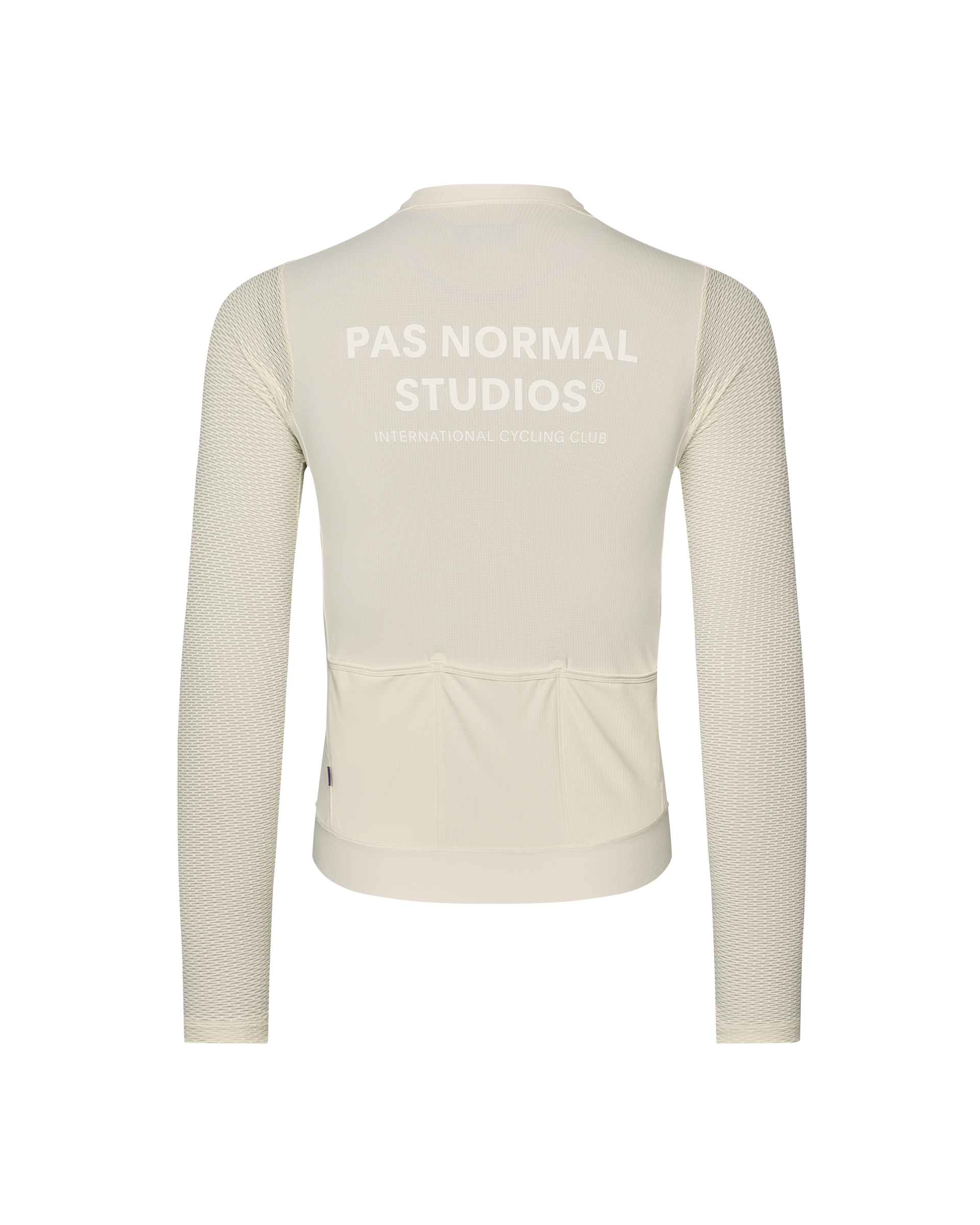 Off White Essential Light long sleeve cycling jersey, rear view with textured sleeves and back pockets